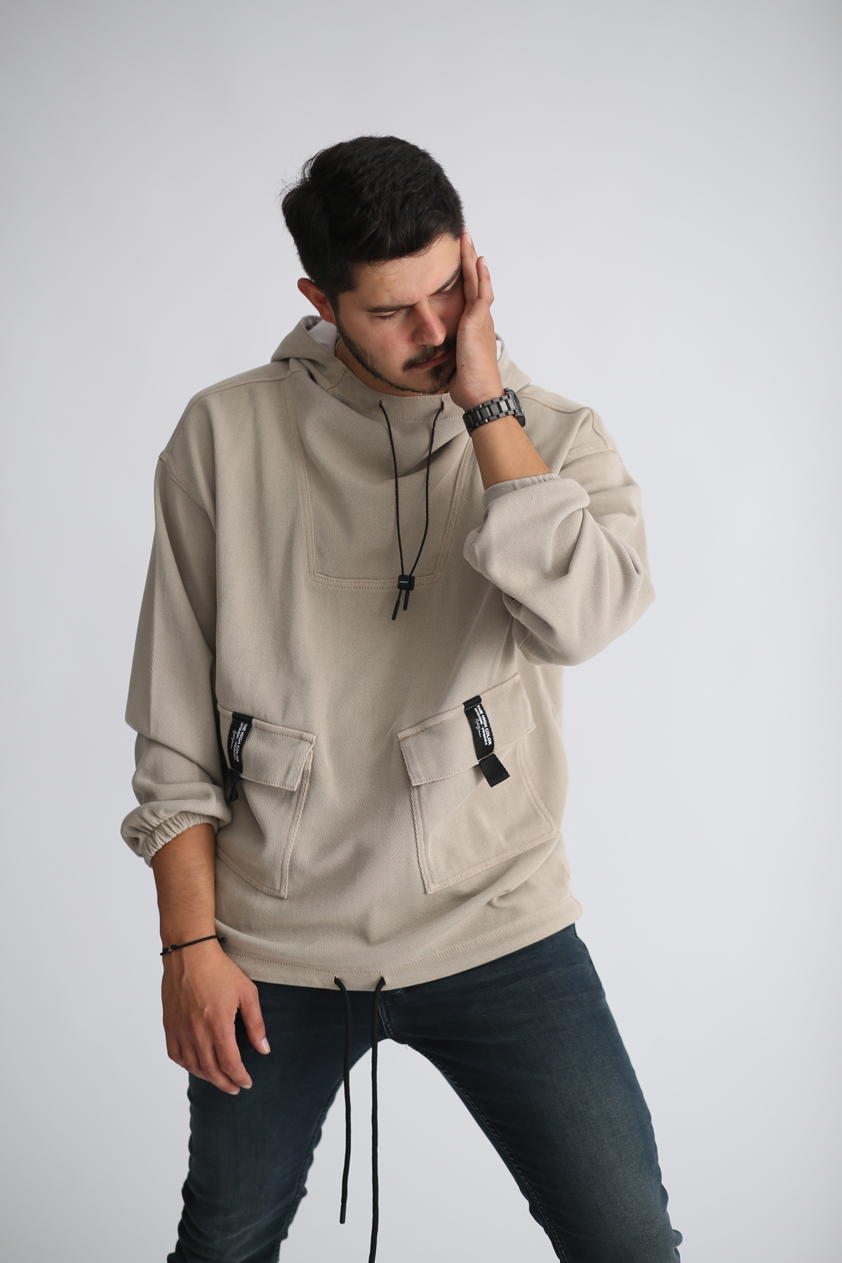 Bej Kapşonlu Jean Sweatshirt 4288