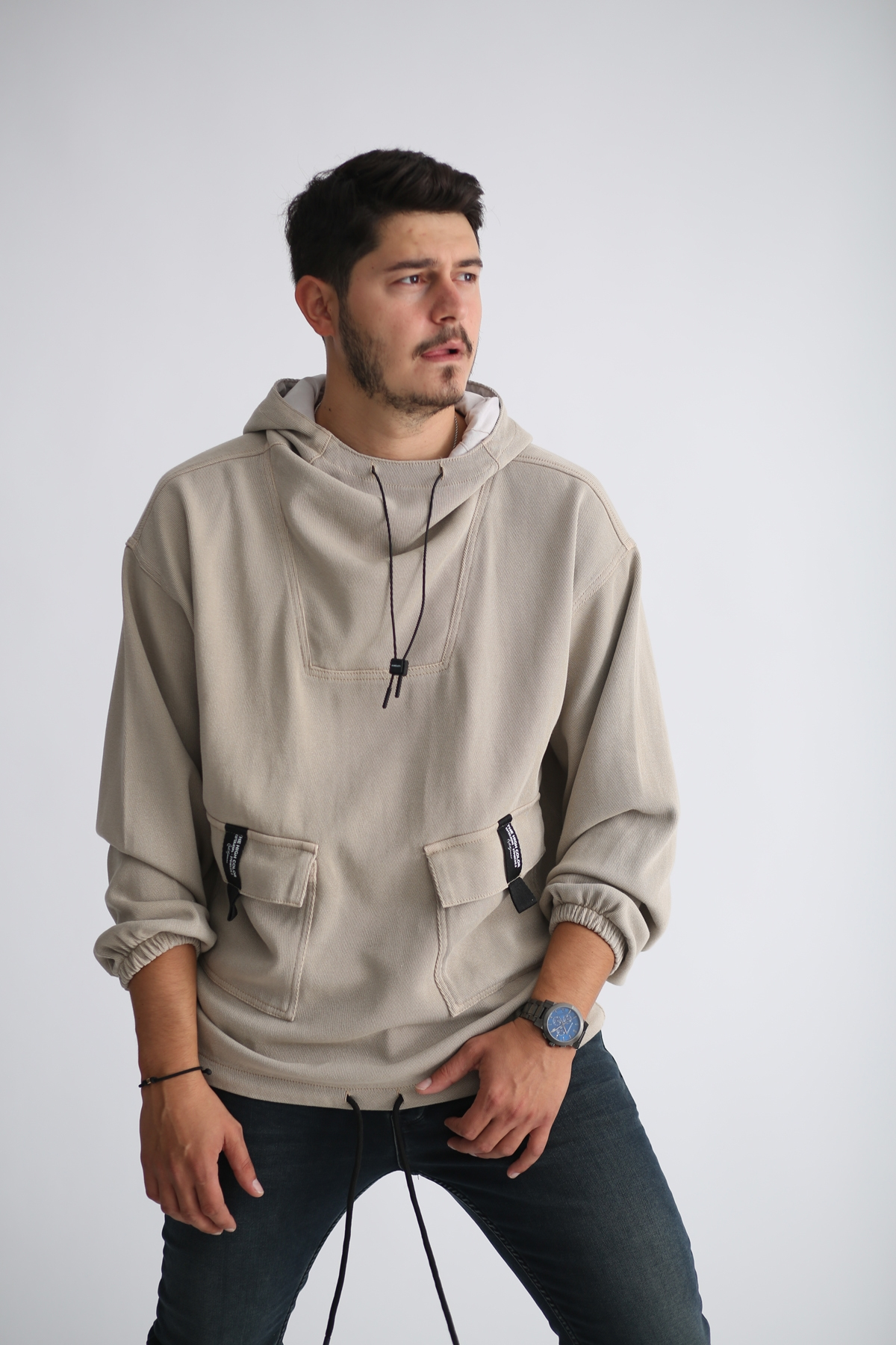 Bej Kapşonlu Jean Sweatshirt 4288