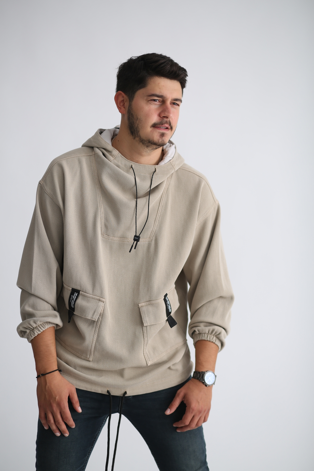 Bej Kapşonlu Jean Sweatshirt 4288