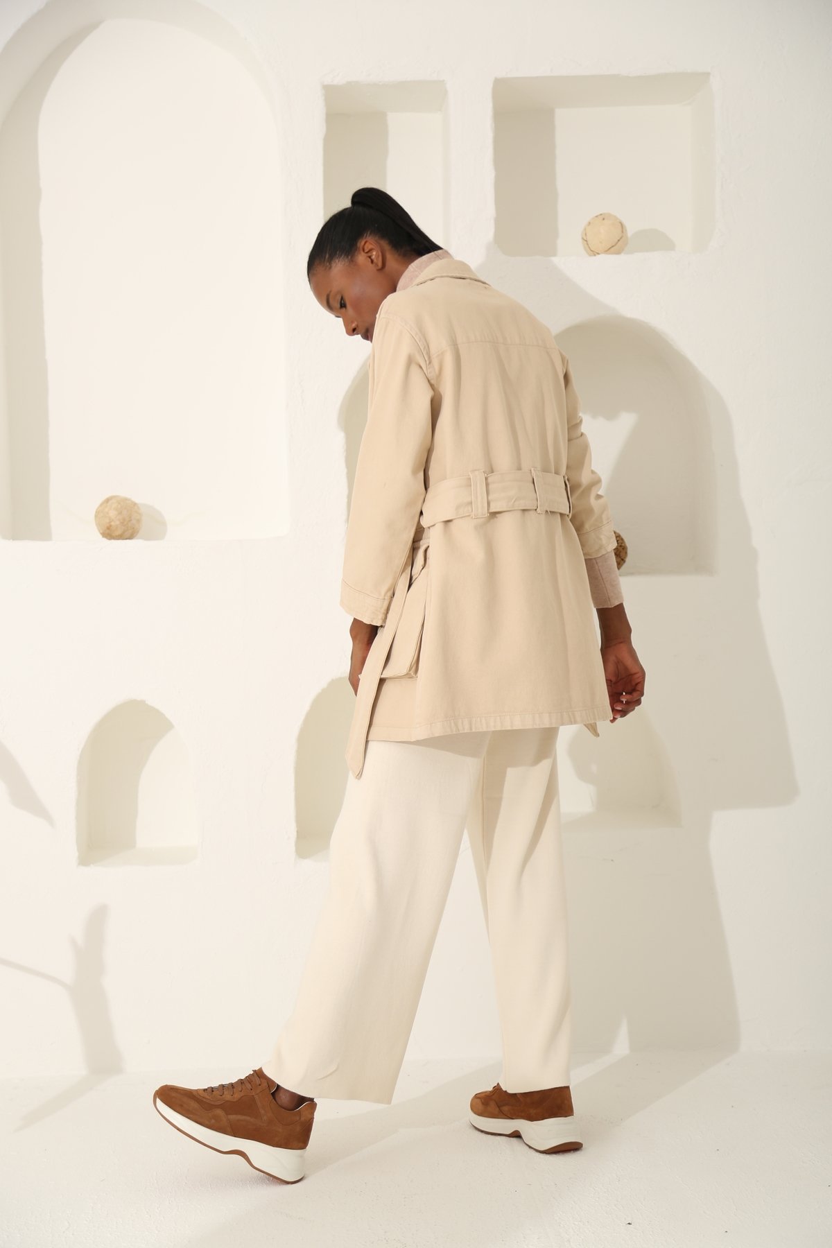 Bej Kargo Cep Kuşaklı Trenchcoat 6031
