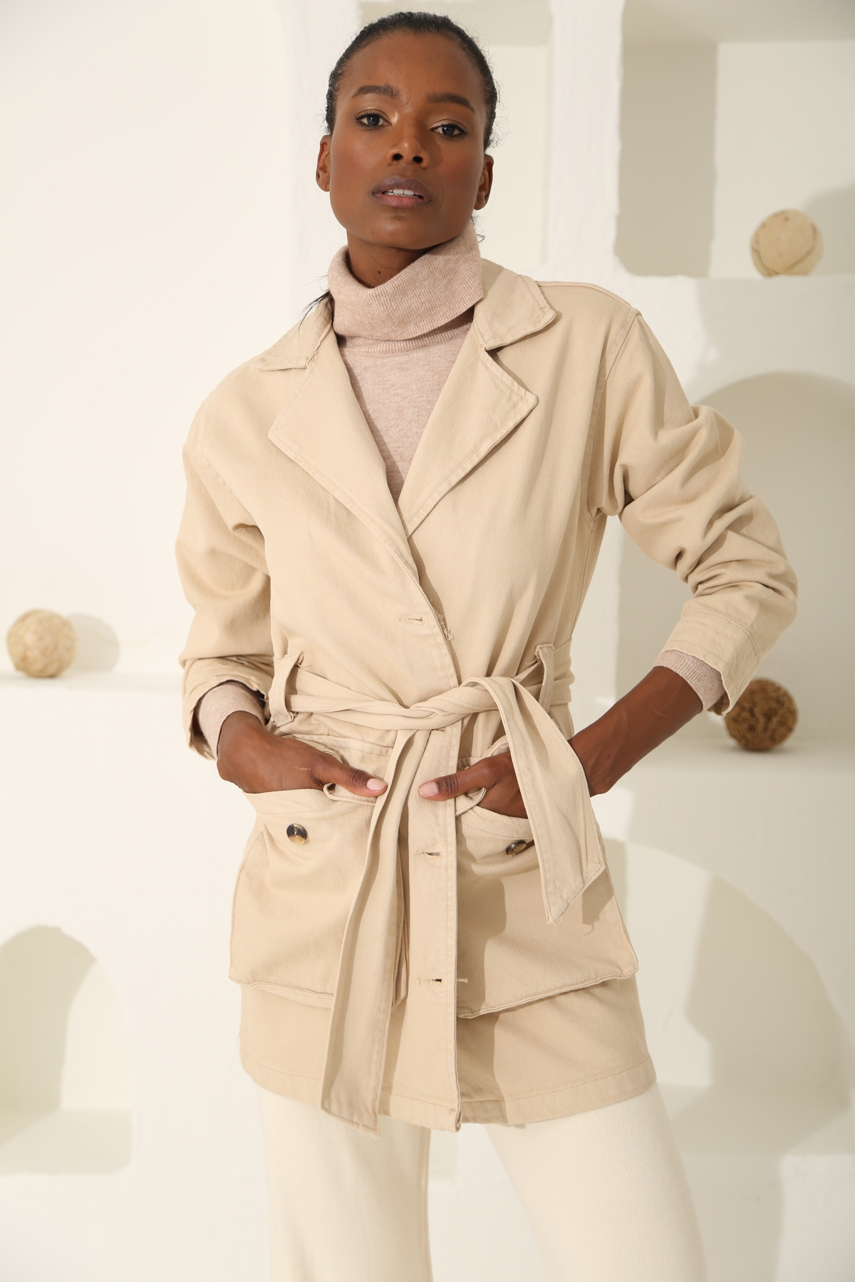 Bej Kargo Cep Kuşaklı Trenchcoat 6031