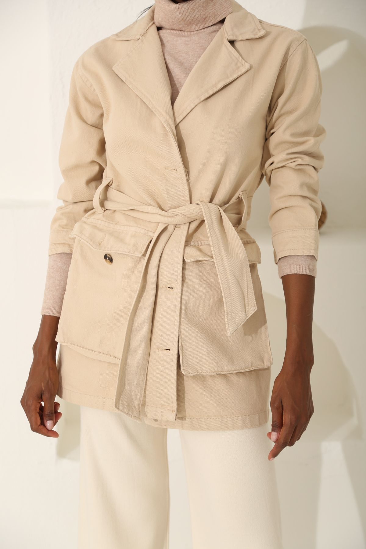 Bej Kargo Cep Kuşaklı Trenchcoat 6031