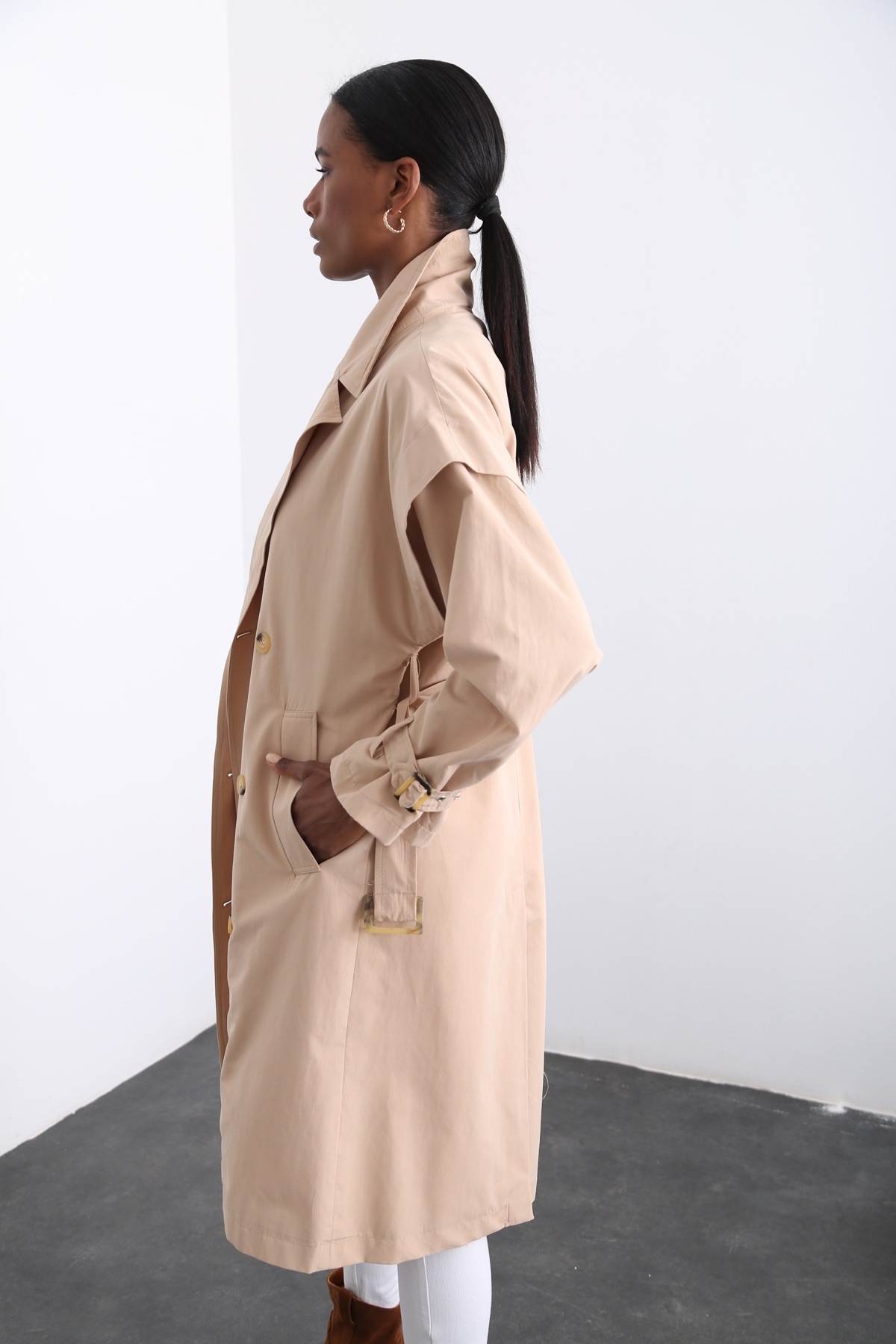 Bej Kendinden Kemerli Trenchcoat 16024