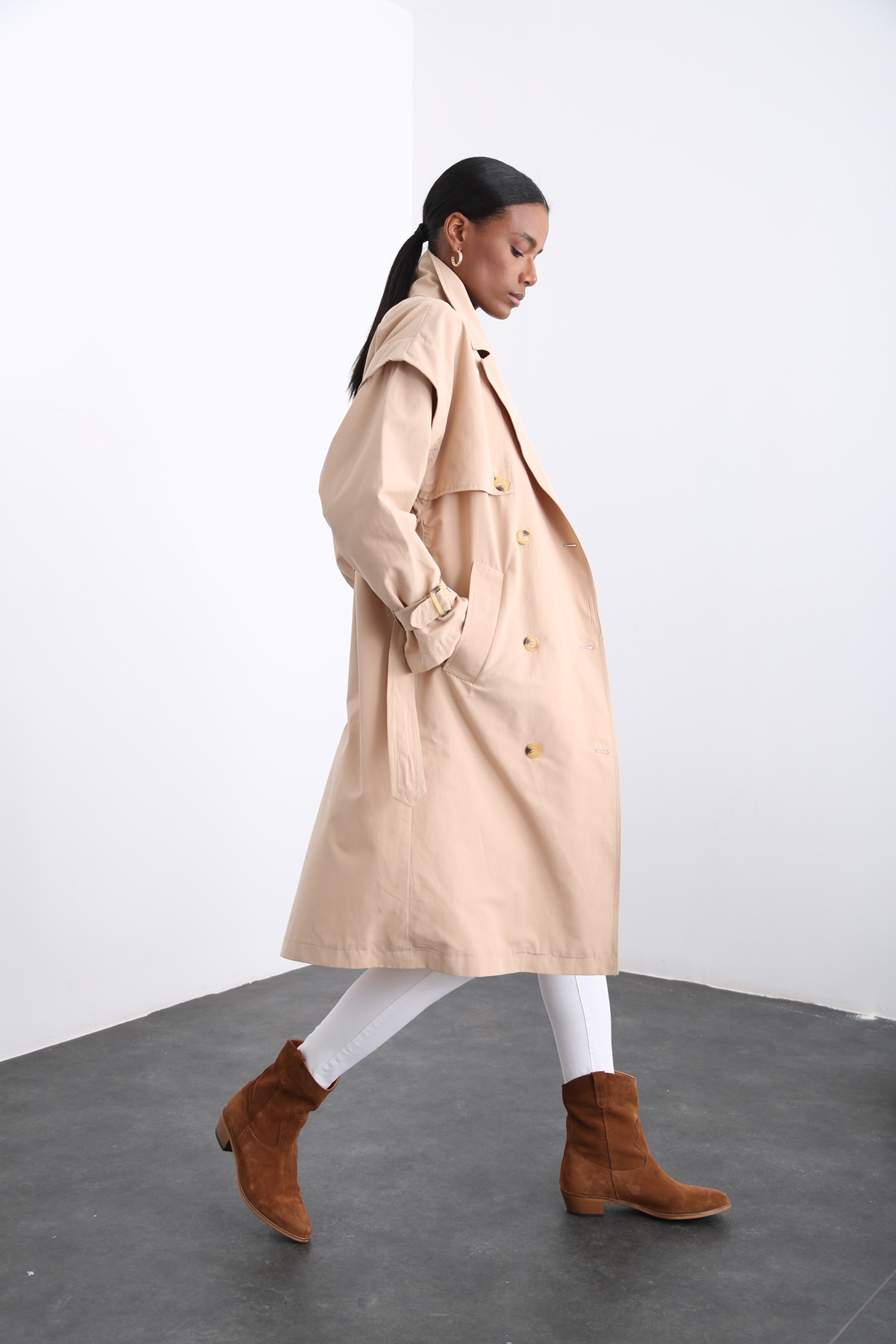 Bej Kendinden Kemerli Trenchcoat 16024