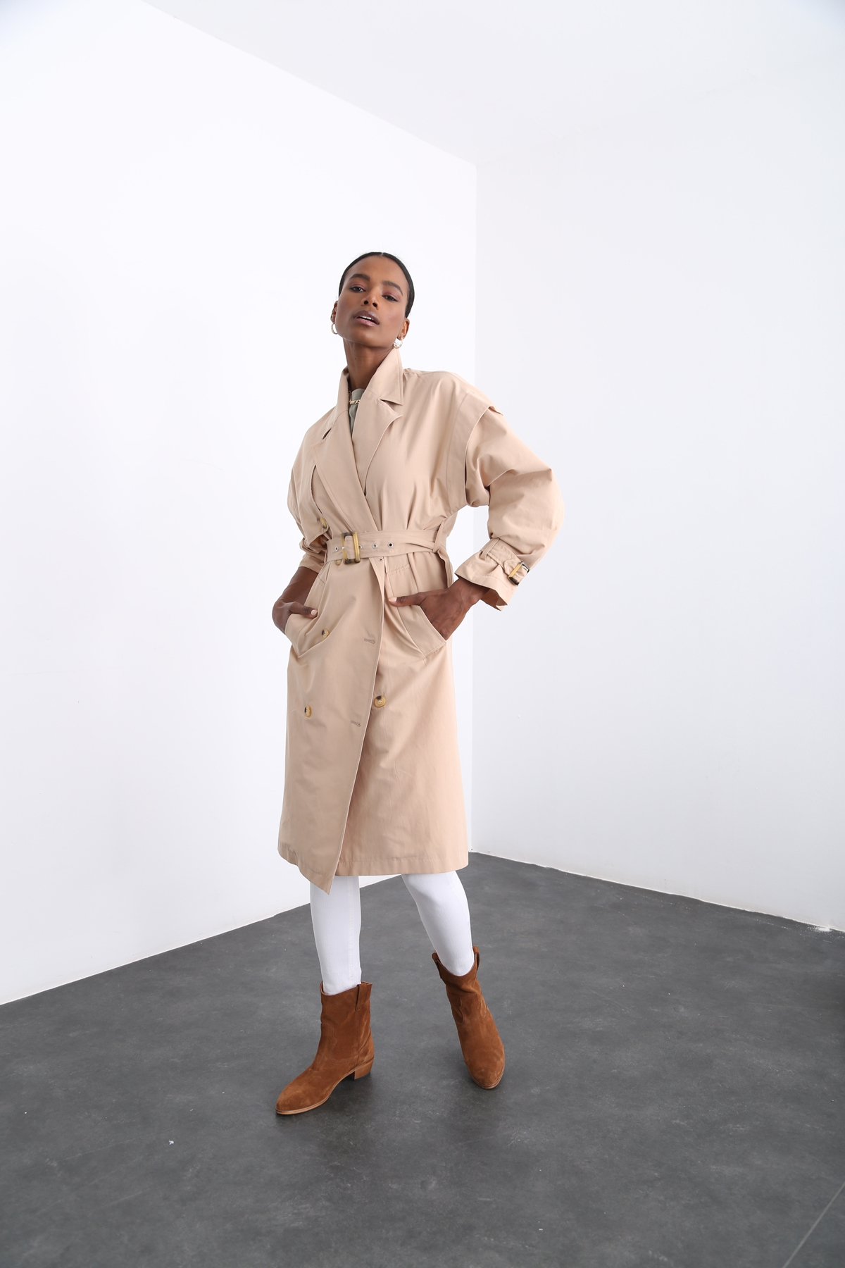 Bej Kendinden Kemerli Trenchcoat 16024