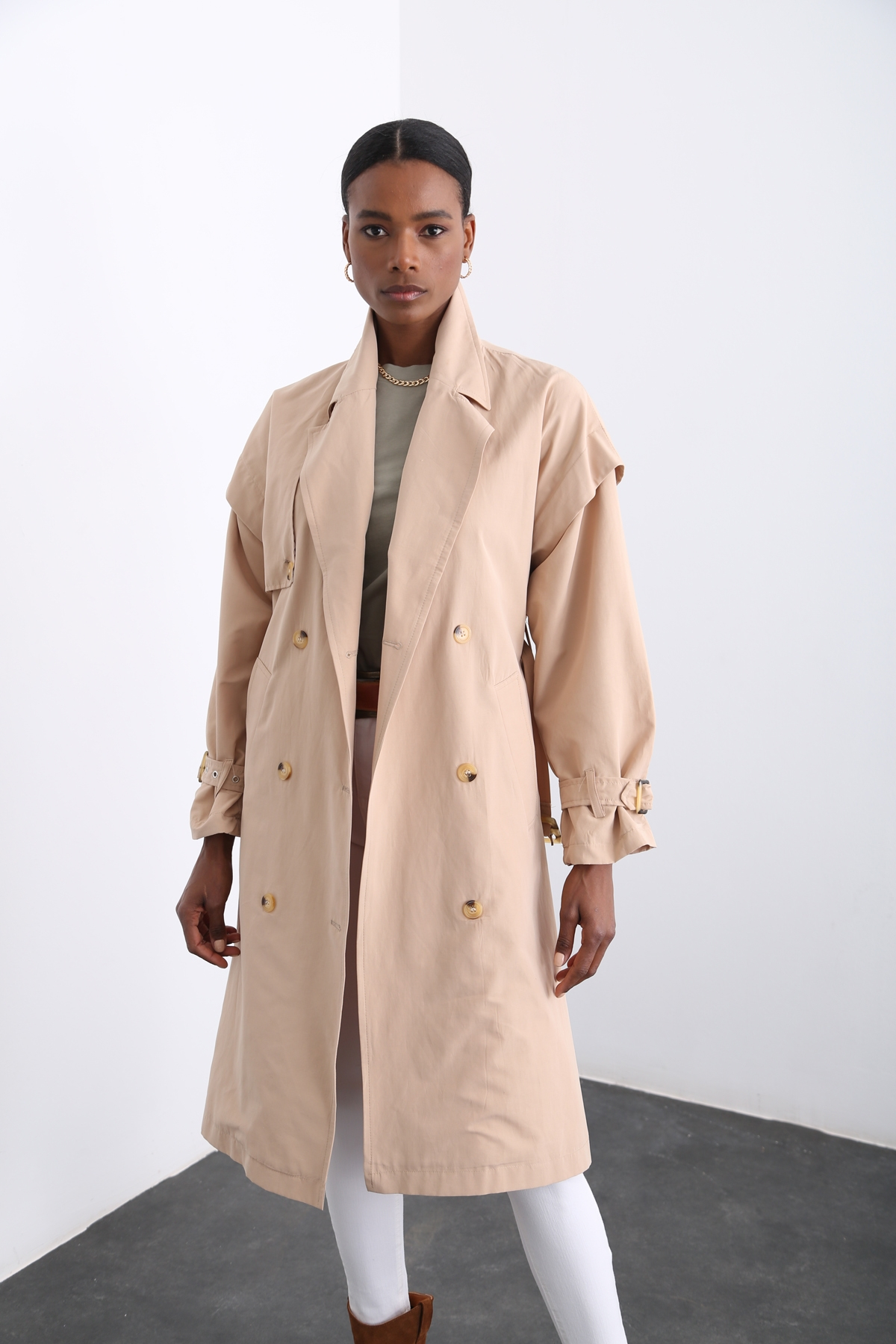 Bej Kendinden Kemerli Trenchcoat 16024