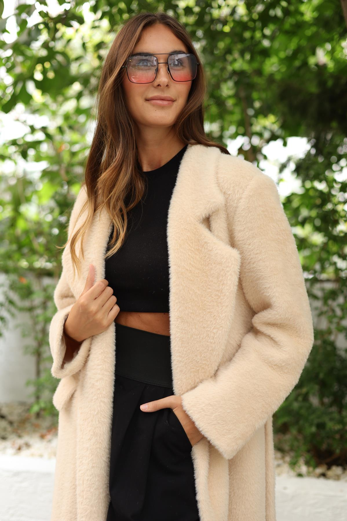 Bej Kuşaklı Maxi Boy Peluş Palto 542127