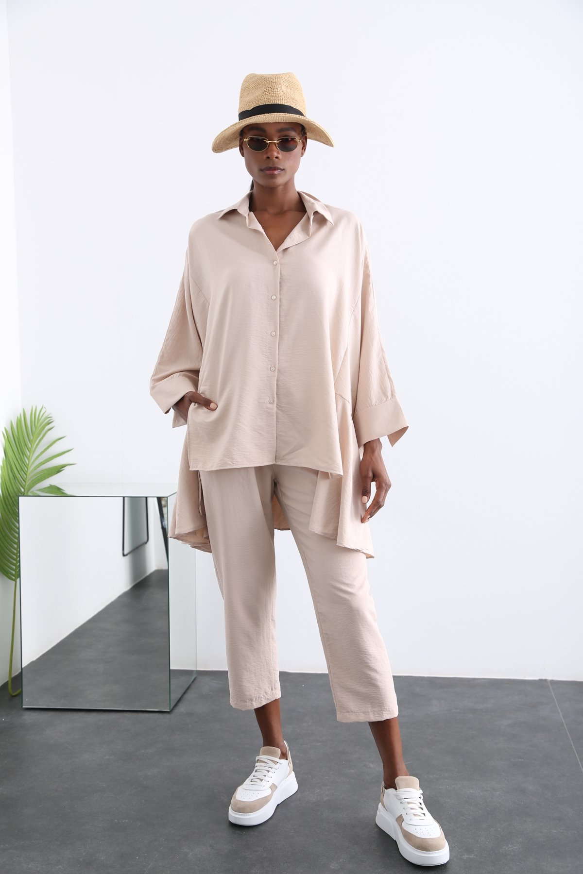 Bej Oversize Gömlek Takım 96056