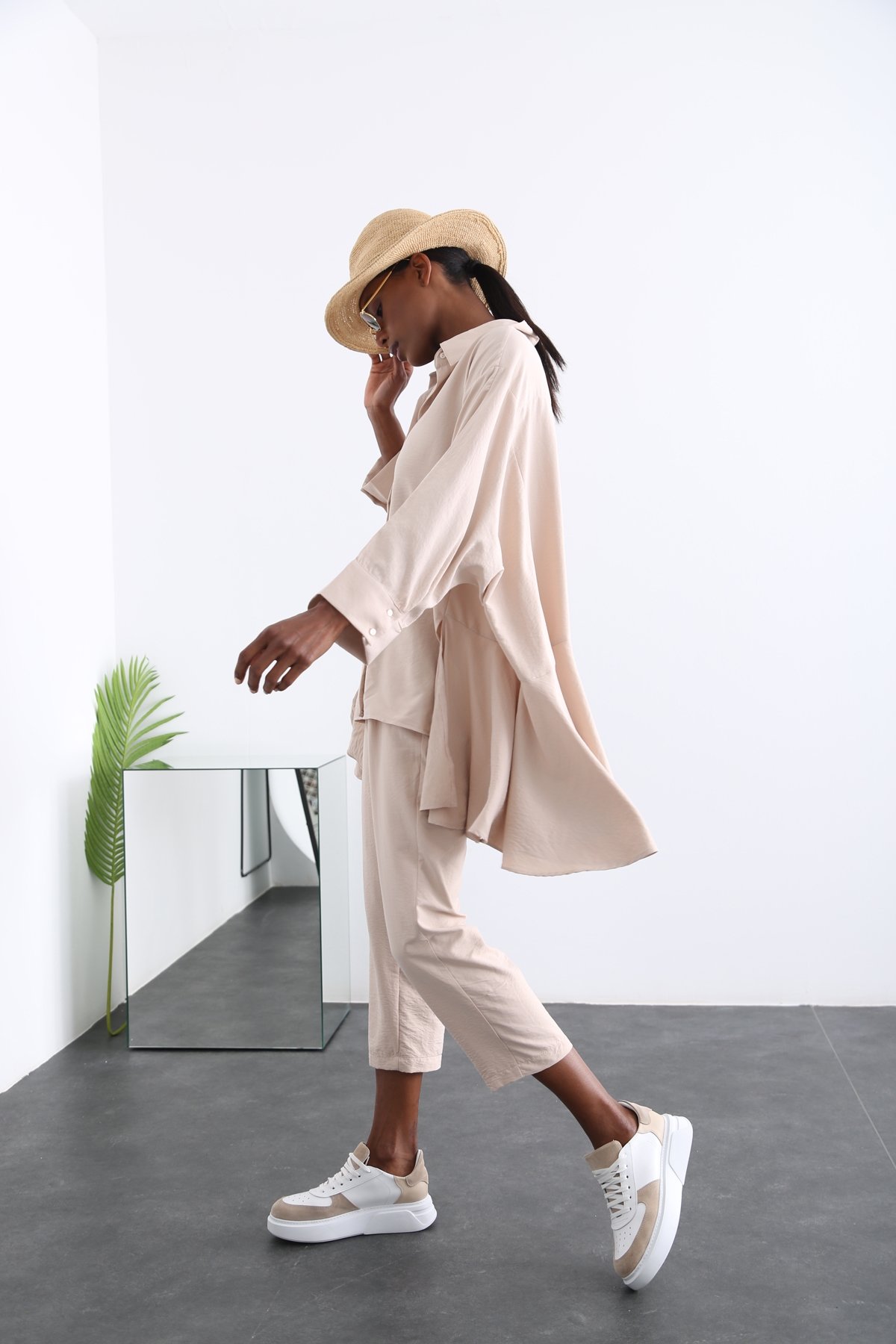 Bej Oversize Gömlek Takım 96056