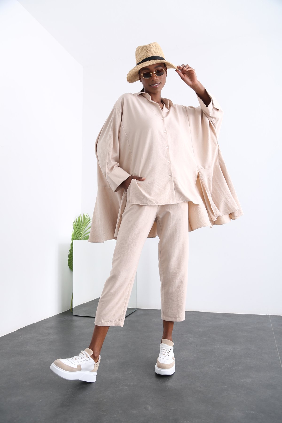 Bej Oversize Gömlek Takım 96056