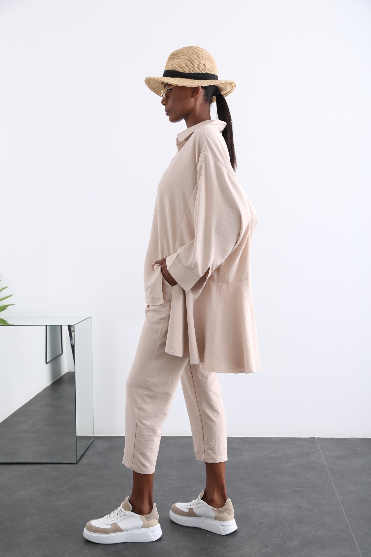 Bej Oversize Gömlek Takım 96056