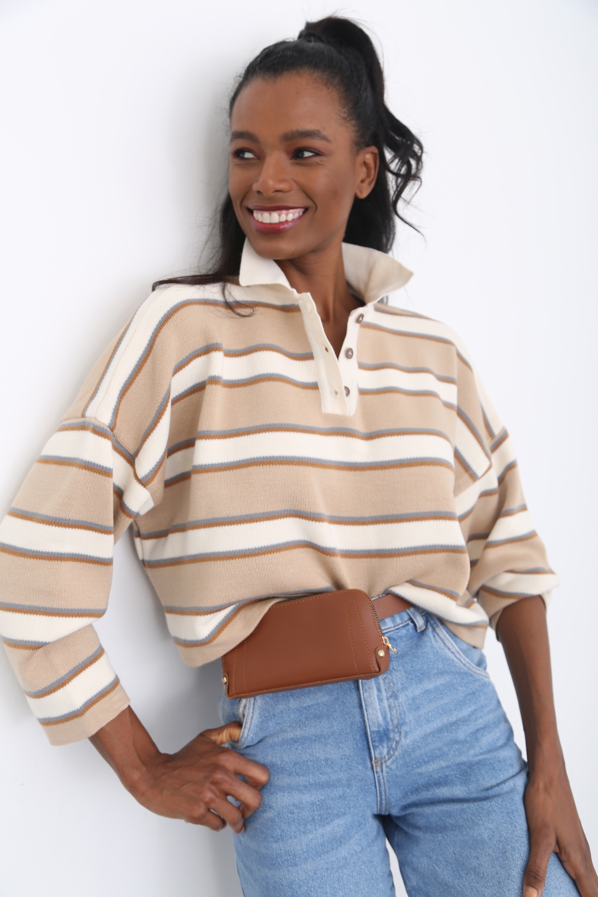Bej Polo Yaka Çizgili Crop Triko 15505