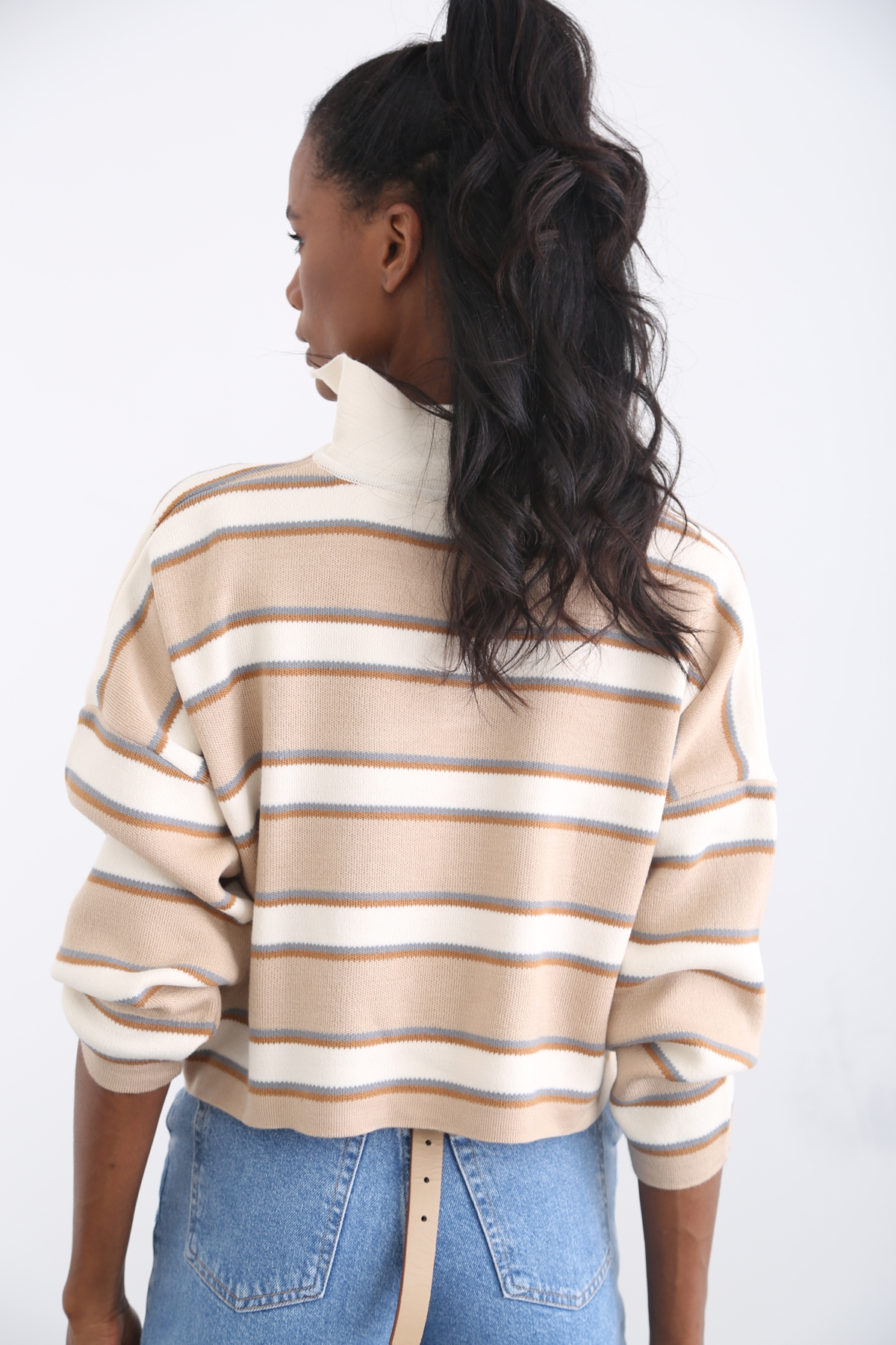 Bej Polo Yaka Çizgili Crop Triko 15505
