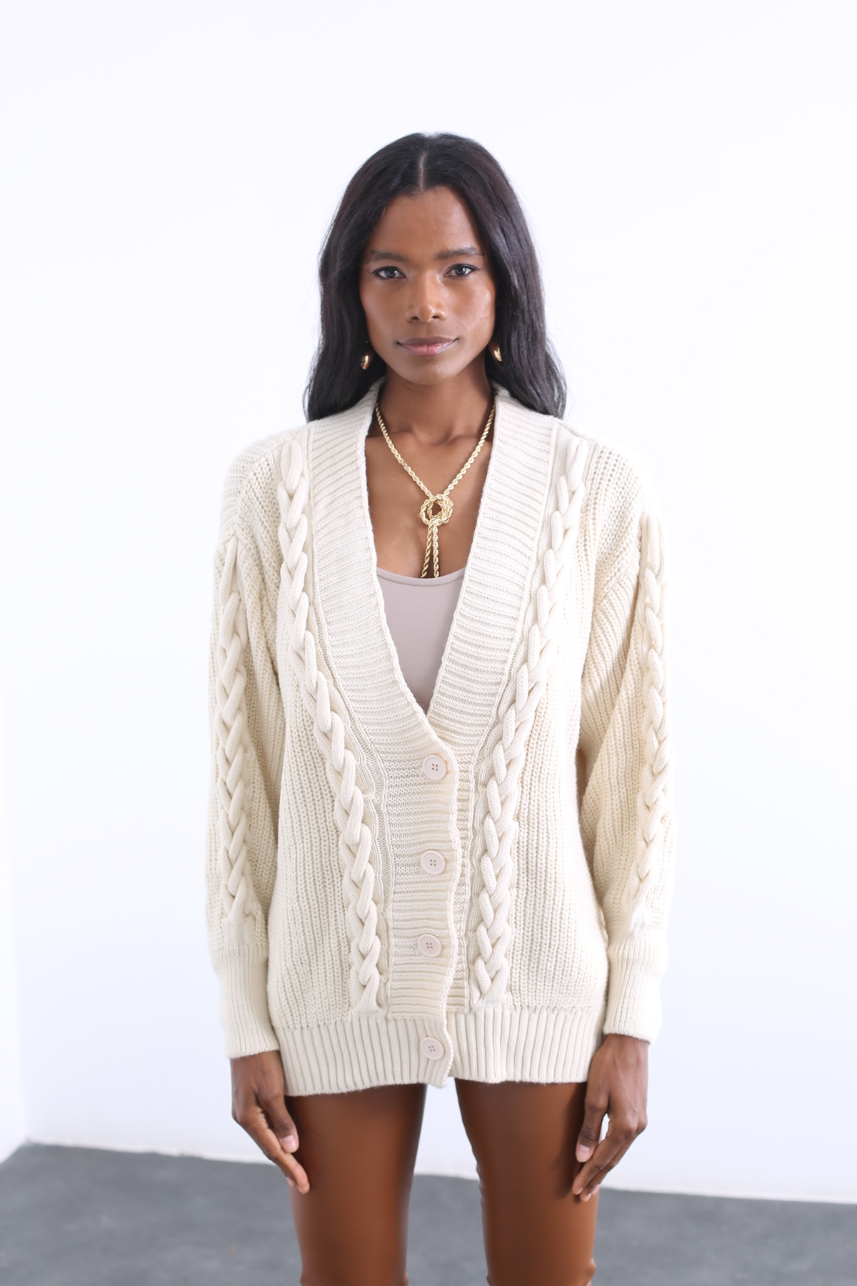 Bej Saç Örgü Örme Hırka AV0085