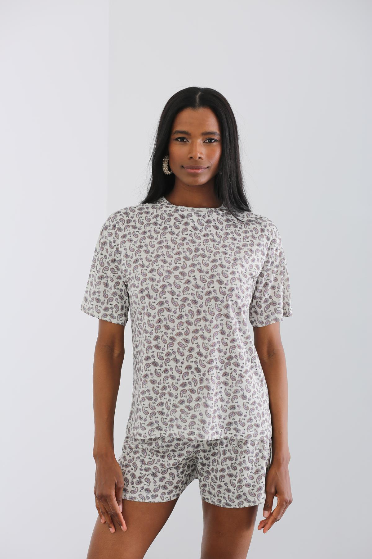 Bej Şal Desen Şort Pijama Takım 