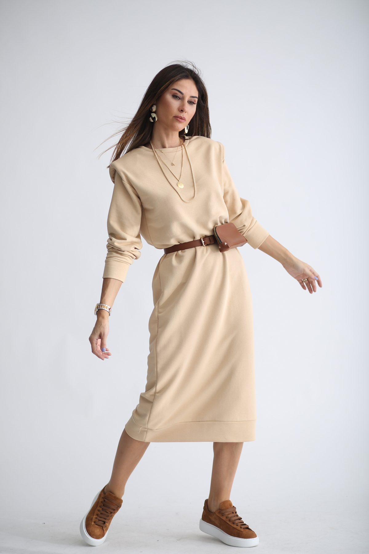 Bej Vatka Detaylı Sweat Elbise 1298