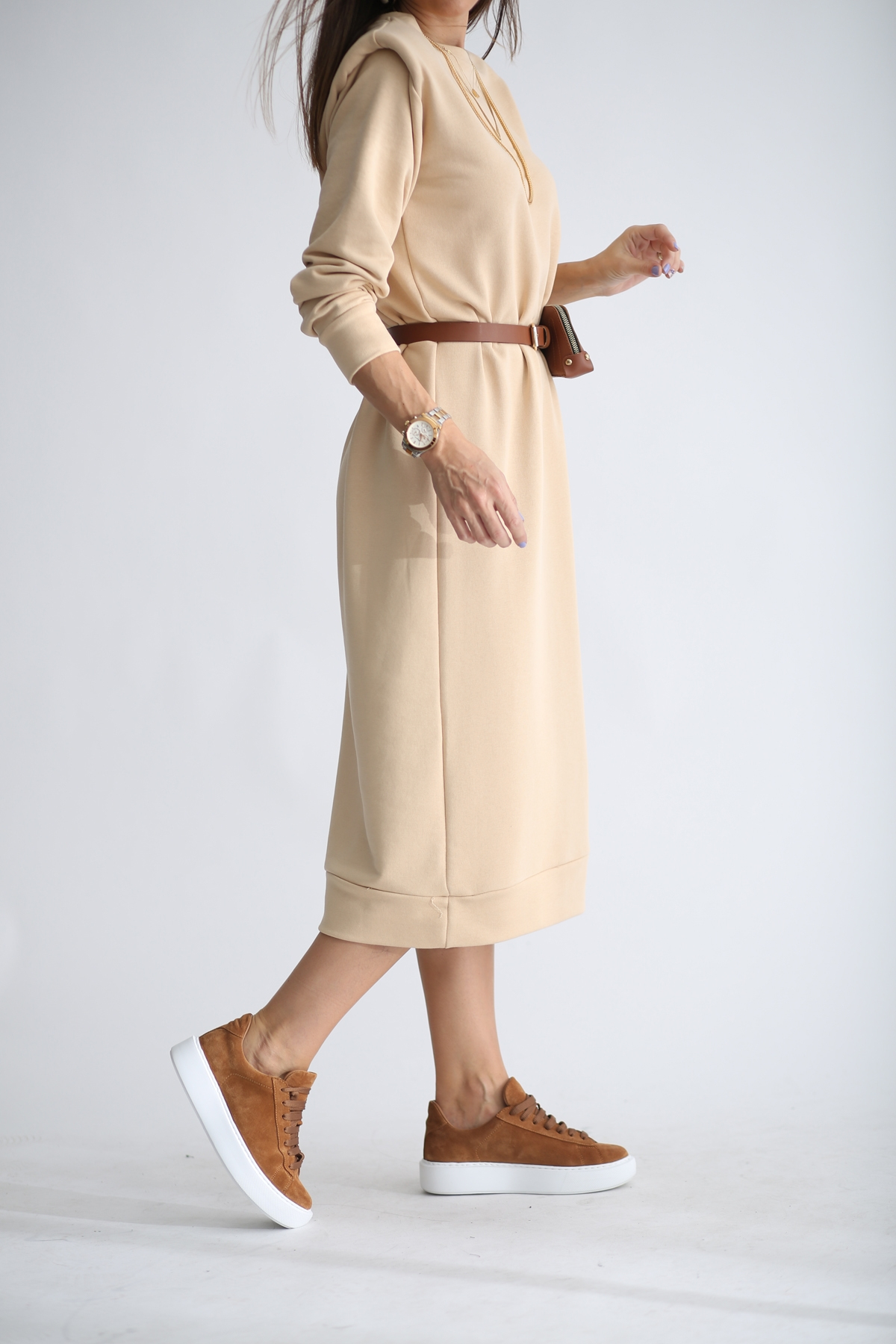 Bej Vatka Detaylı Sweat Elbise 1298