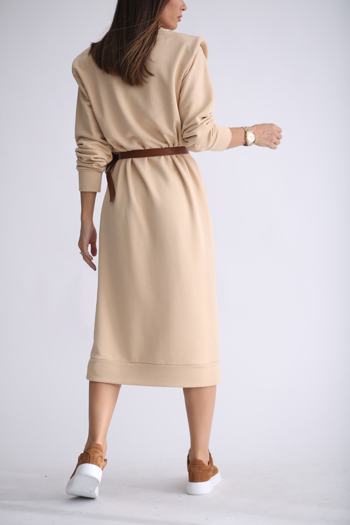 Bej Vatka Detaylı Sweat Elbise 1298