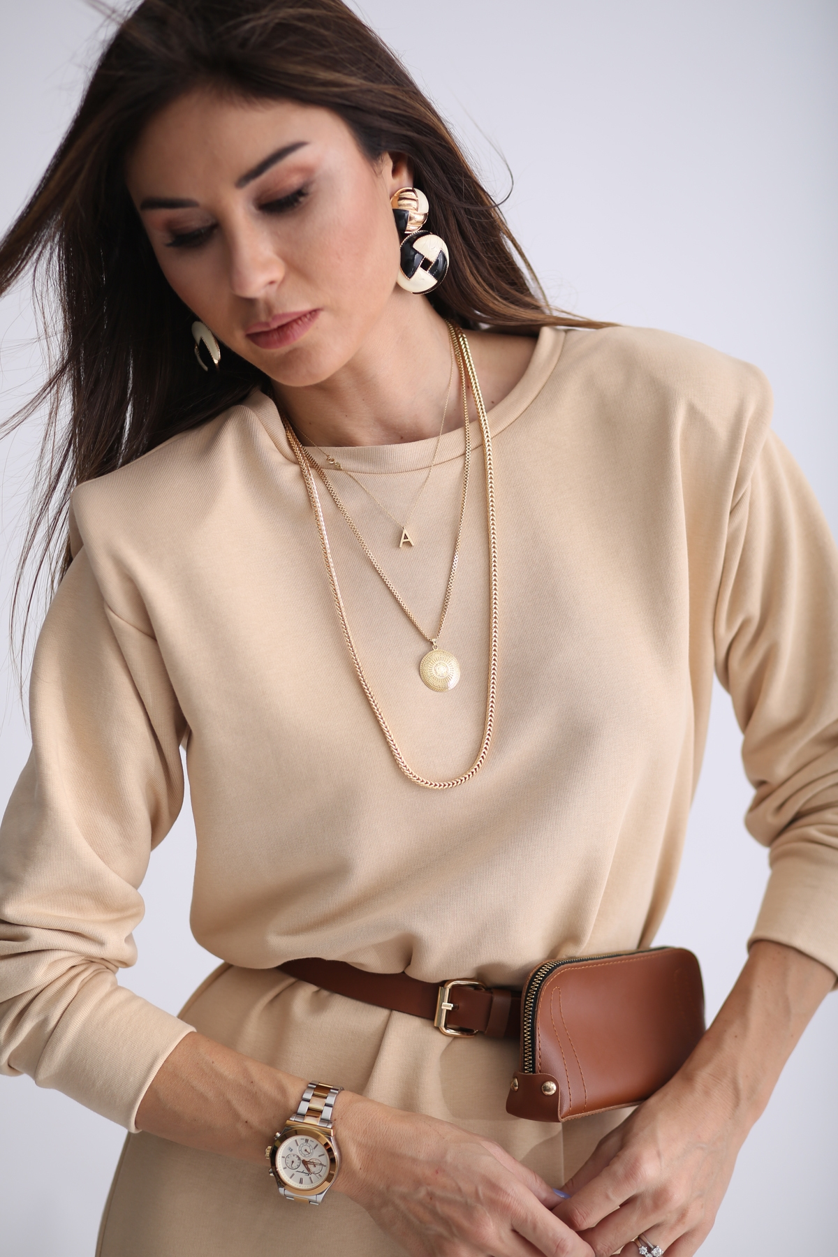 Bej Vatka Detaylı Sweat Elbise 1298