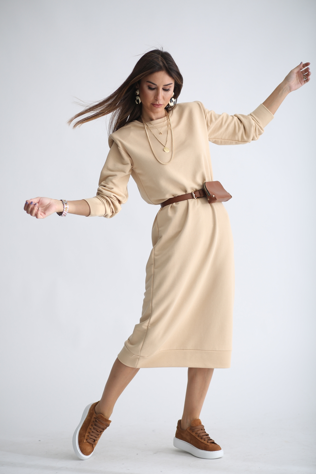Bej Vatka Detaylı Sweat Elbise 1298