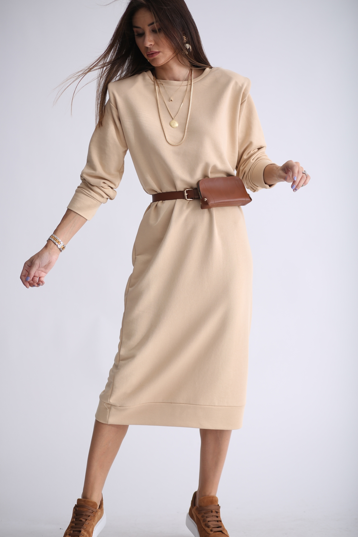 Bej Vatka Detaylı Sweat Elbise 1298