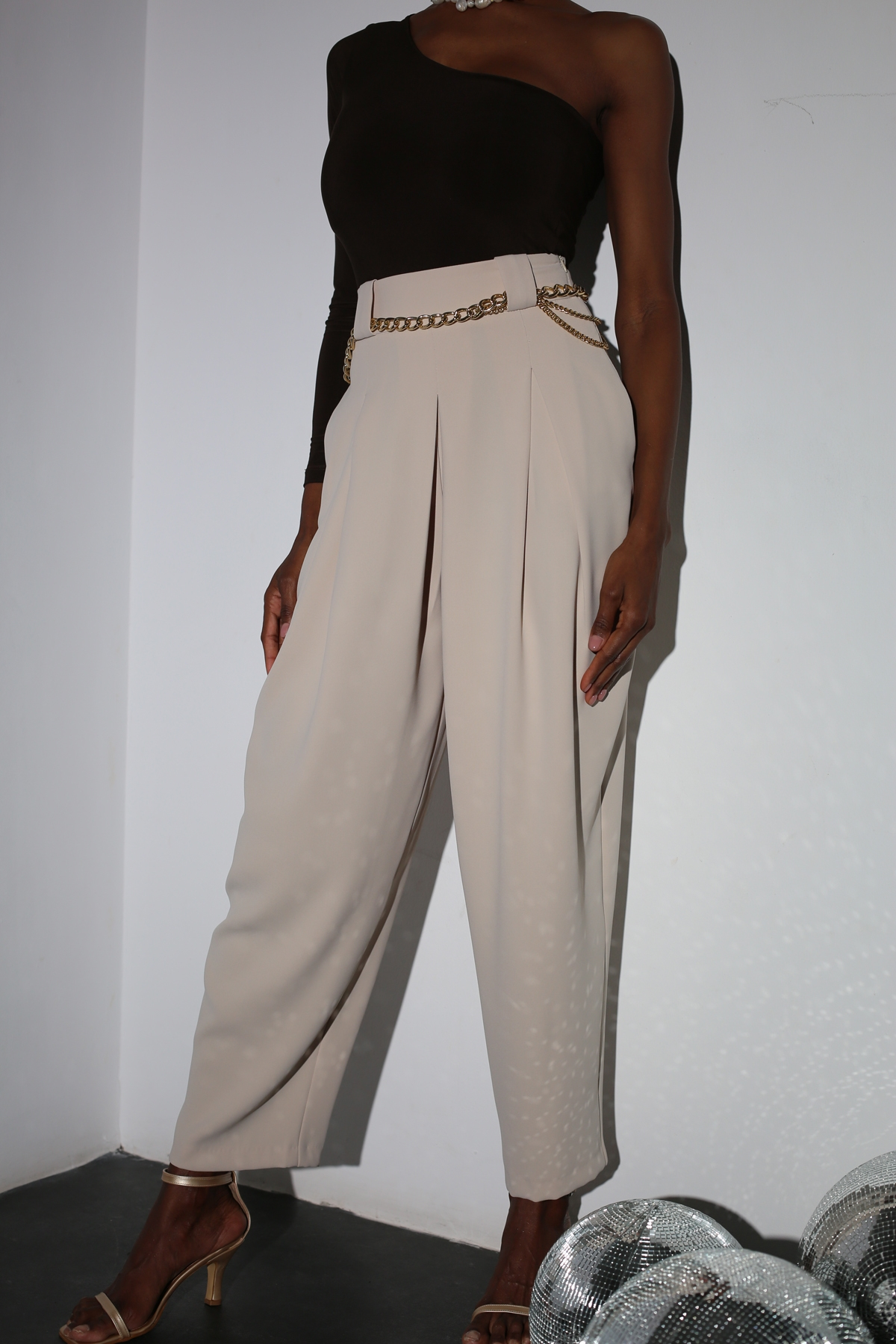 Bej Yüksek Bel Şalvar Pantolon 1519