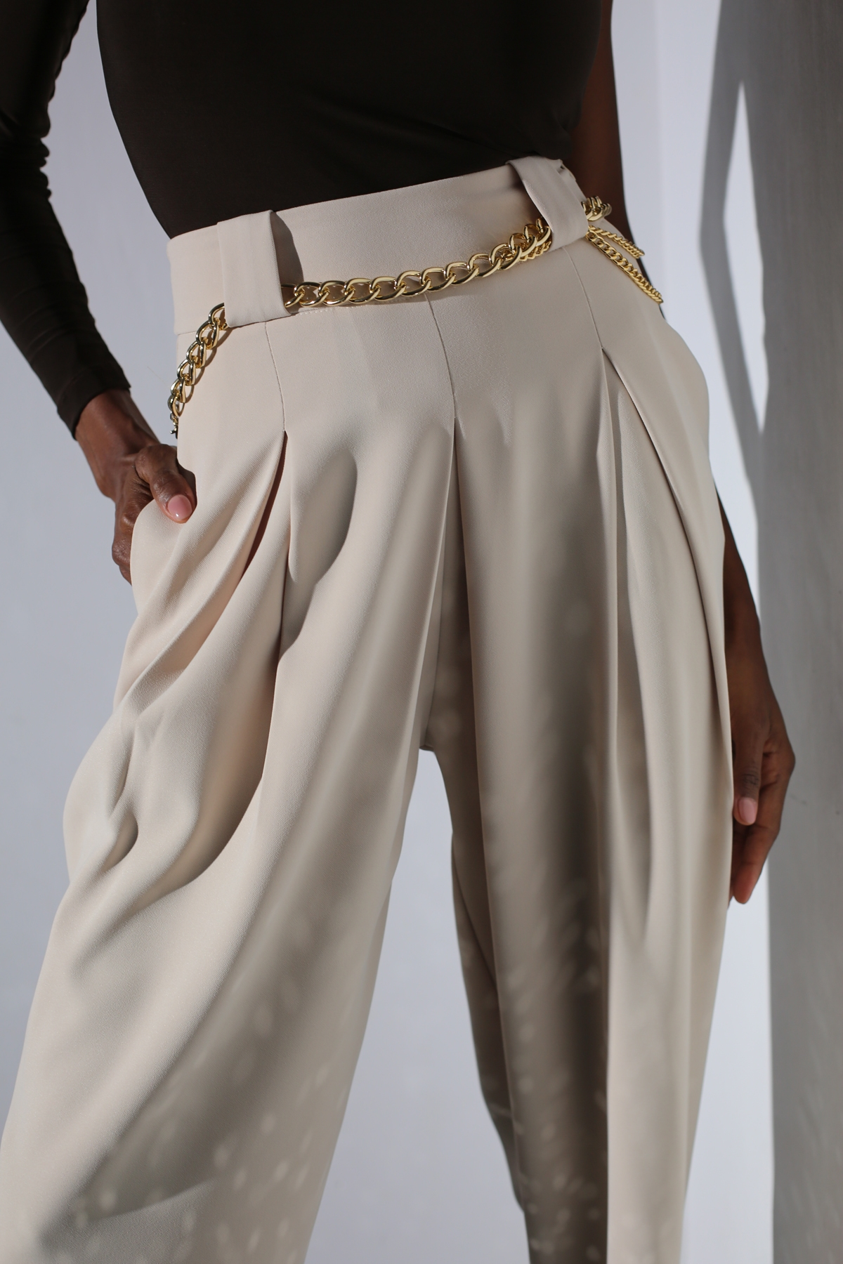 Bej Yüksel Bel Şalvar Pantolon 1519