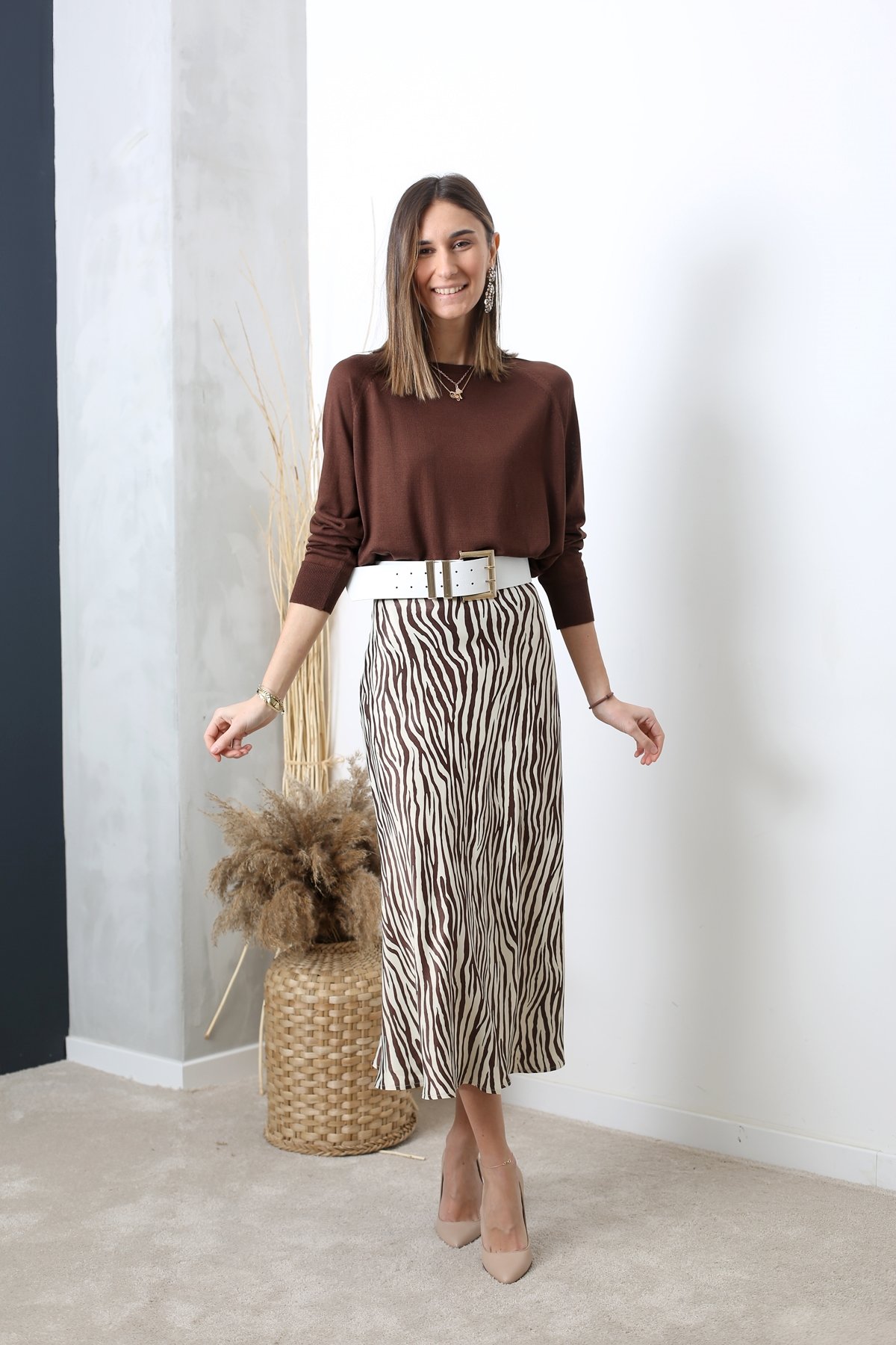 Bej Zebra Desen Saten Etek 11109