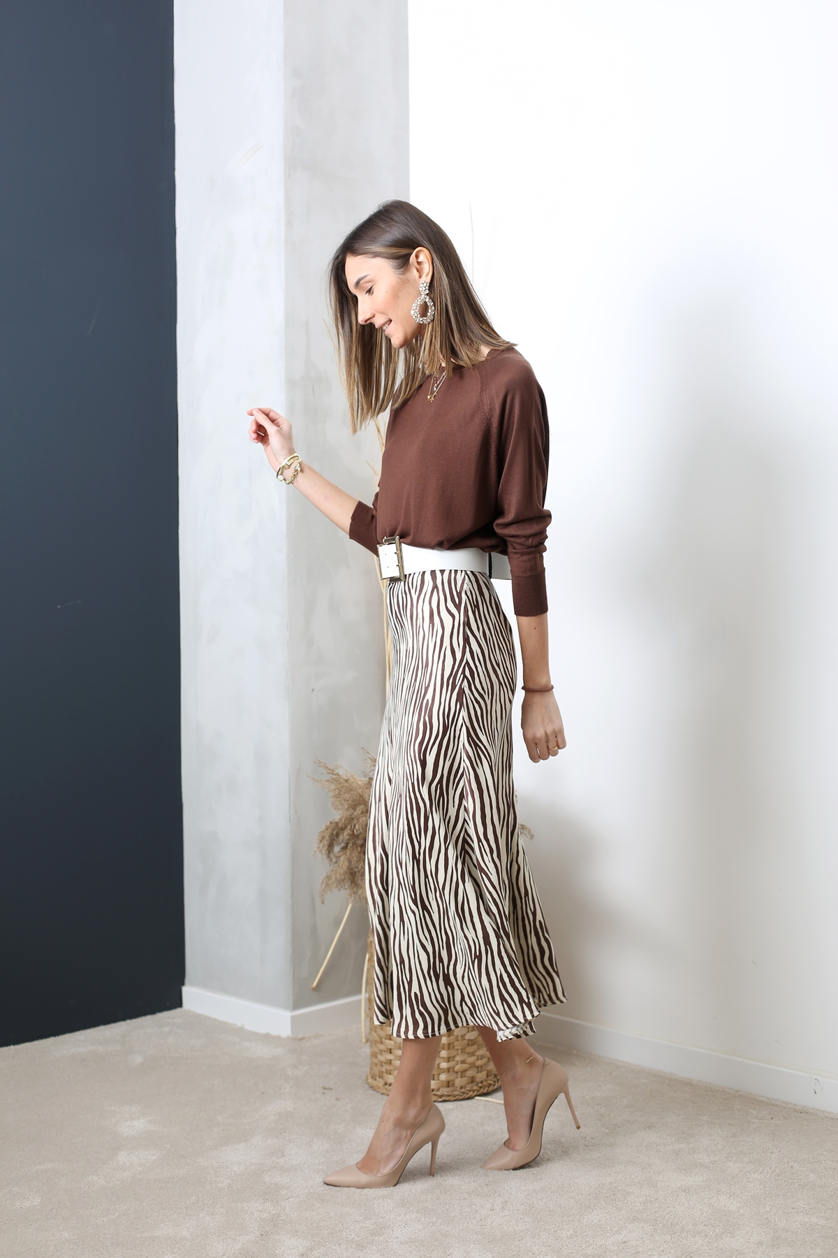Bej Zebra Desen Saten Etek 11109