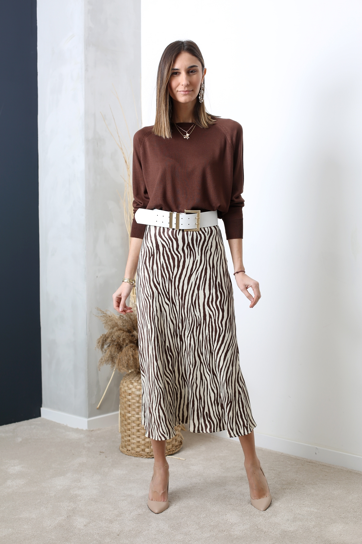 Bej Zebra Desen Saten Etek 11109
