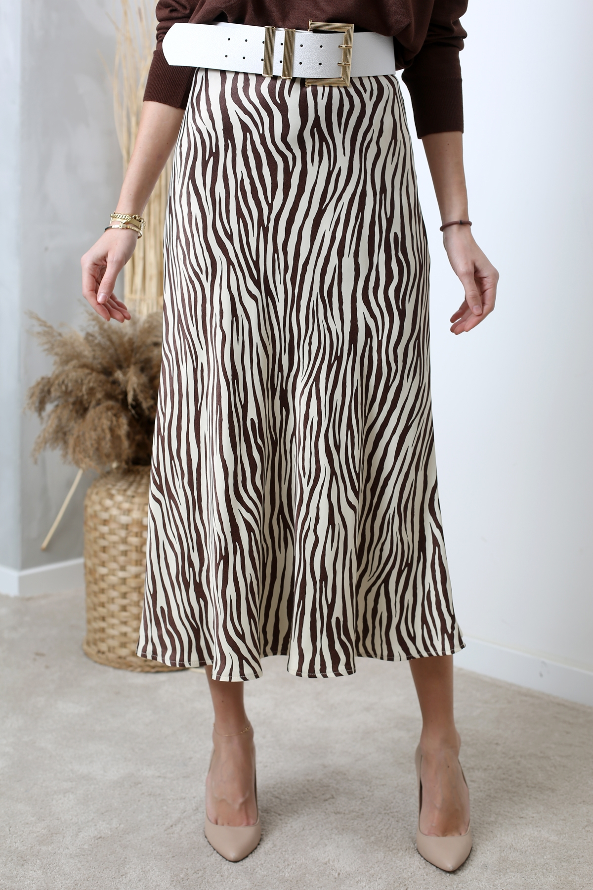 Bej Zebra Desen Saten Etek 11109