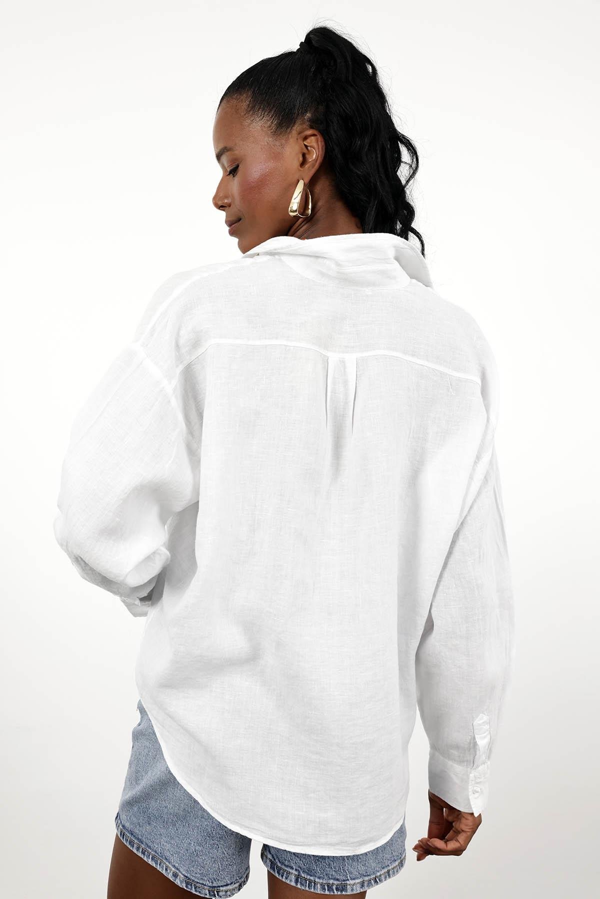 Beyaz %100 Keten Oversize Gömlek 