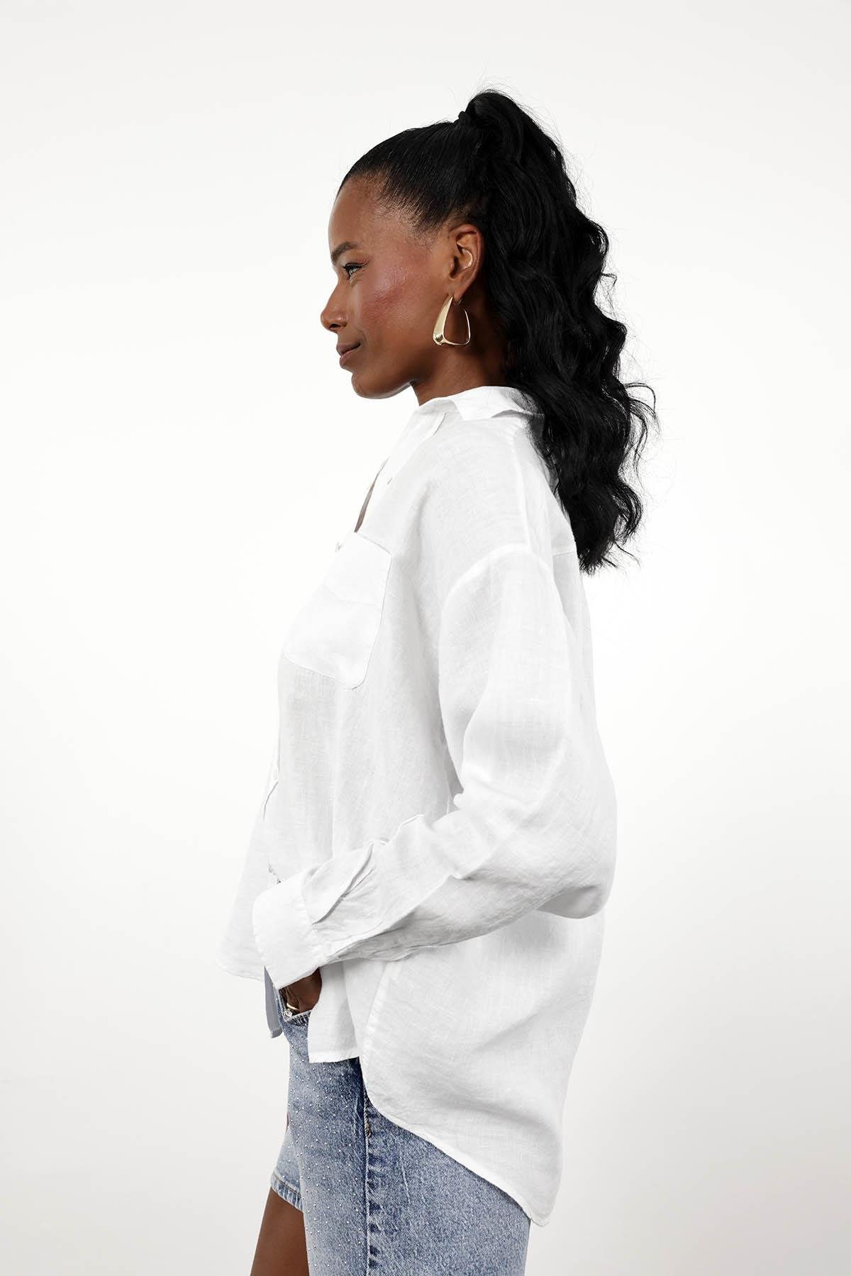 Beyaz %100 Keten Oversize Gömlek 