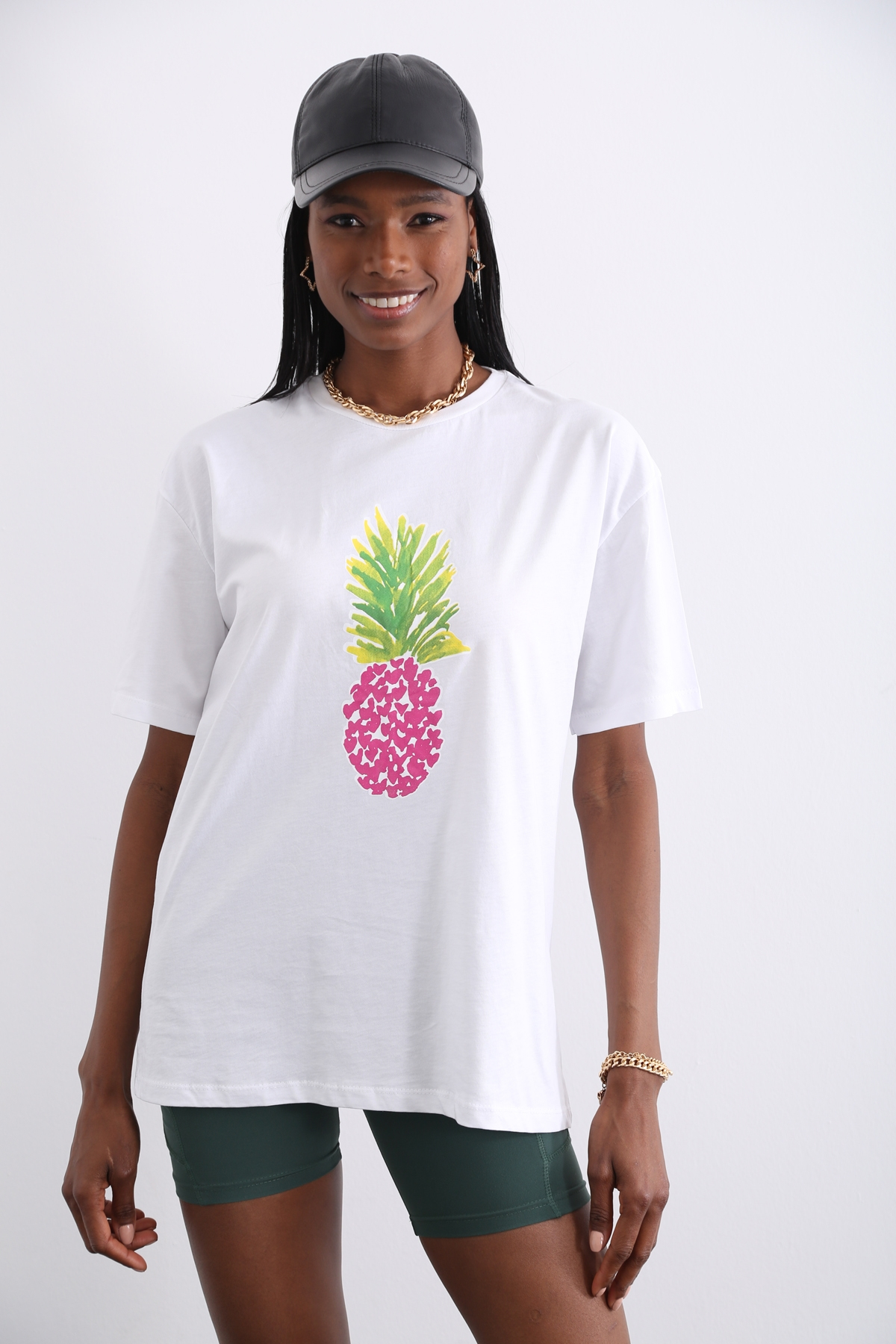 Beyaz Ananas Baskılı Tshirt 3432