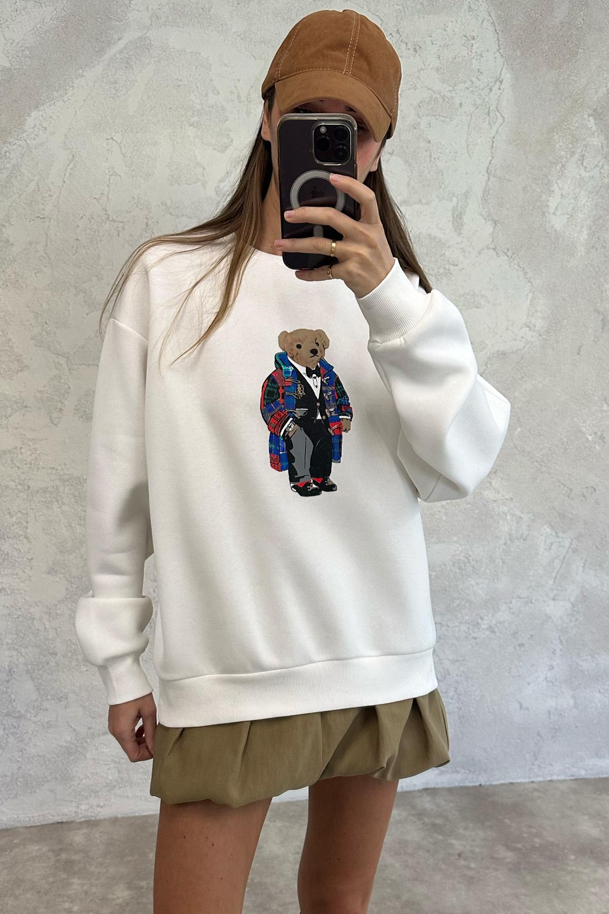 Beyaz Ayıcık Baskılı Sweatshirt 110031