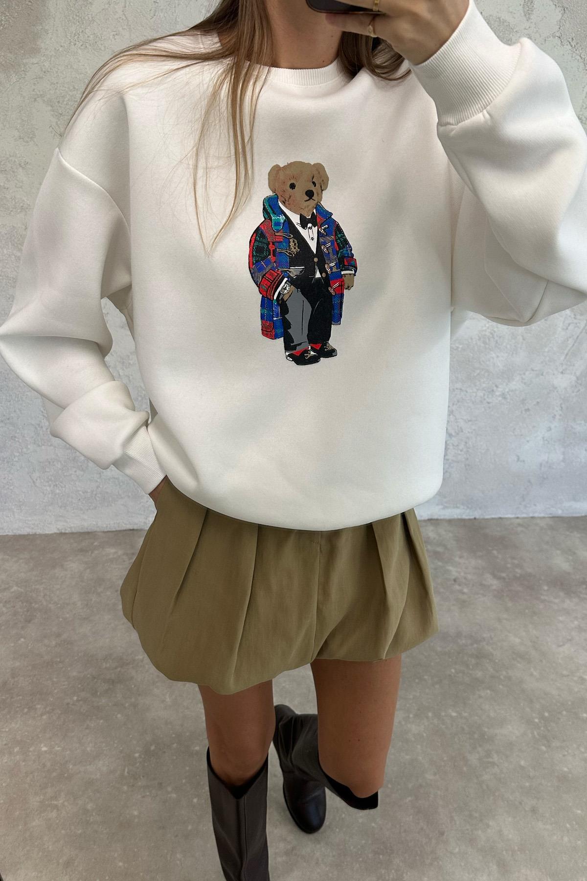 Beyaz Ayıcık Baskılı Sweatshirt 110031