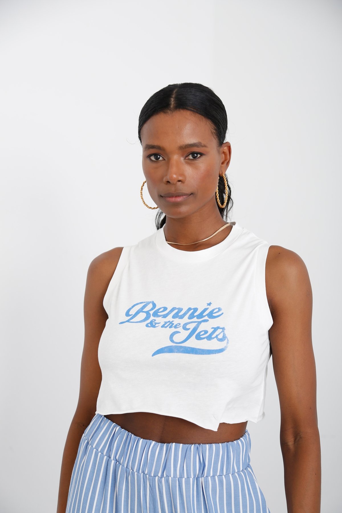 Beyaz Baskılı Kolsuz Crop Tshirt 19162