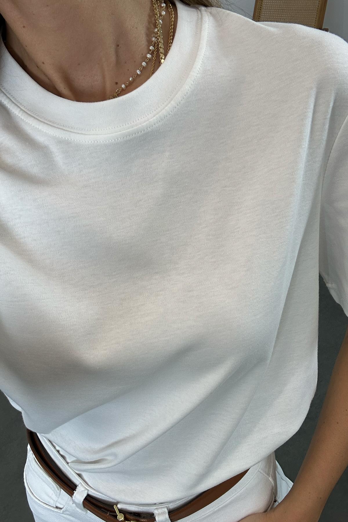 Beyaz Bisiklet Yaka Basic Tişört 1075