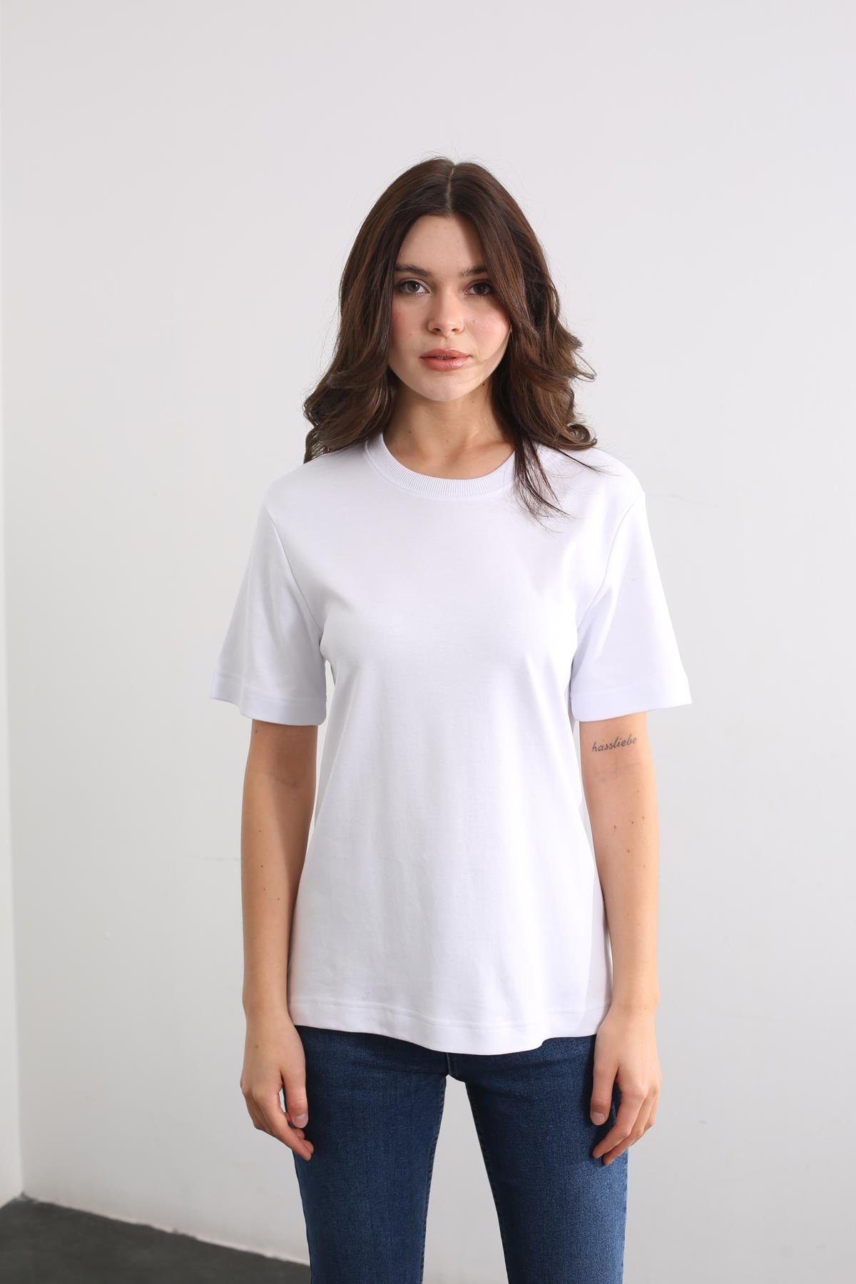 Beyaz Bisiklet Yaka Basic Tshirt 19016