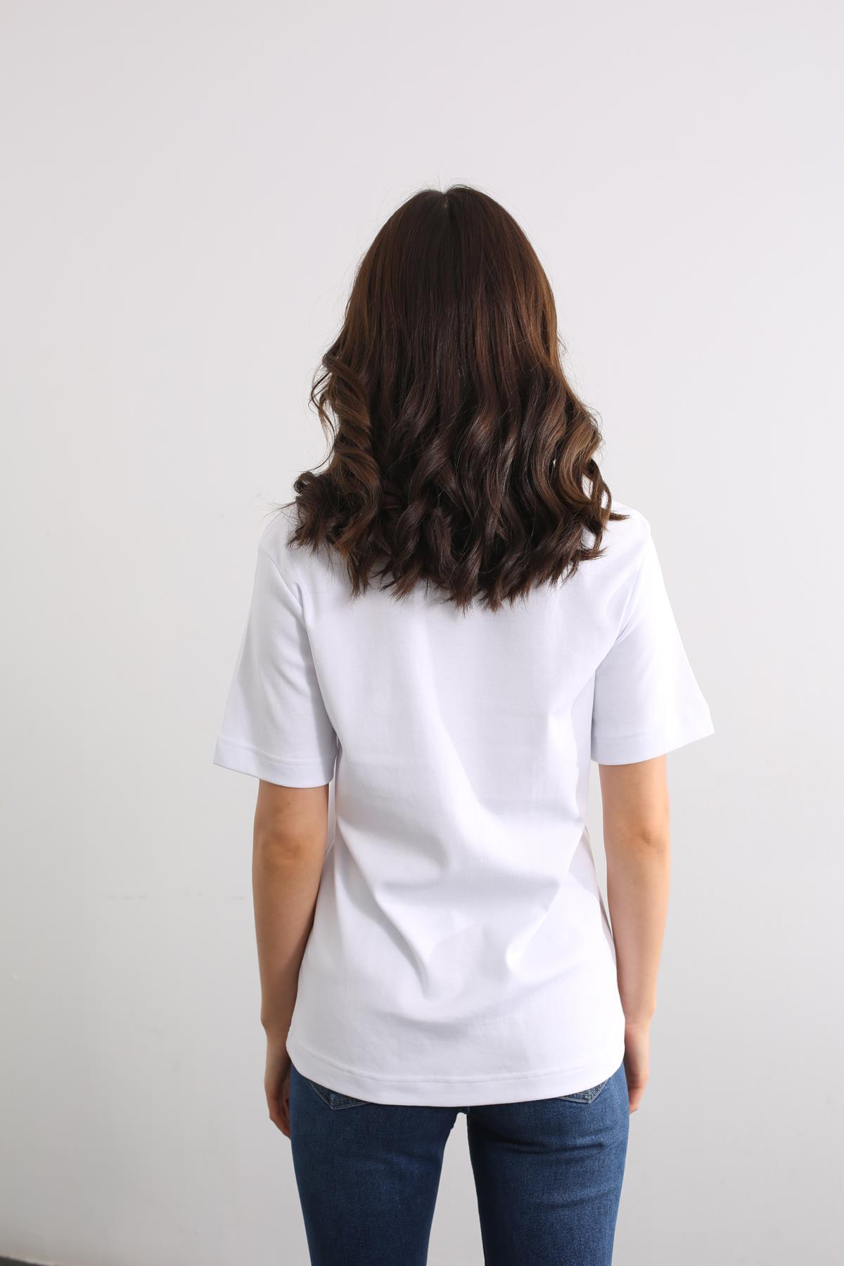 Beyaz Bisiklet Yaka Basic Tshirt 19016