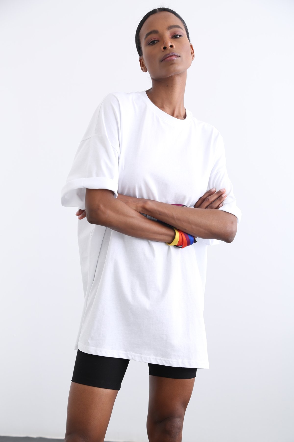 Beyaz Bisiklet Yaka Oversize Tshirt 12135