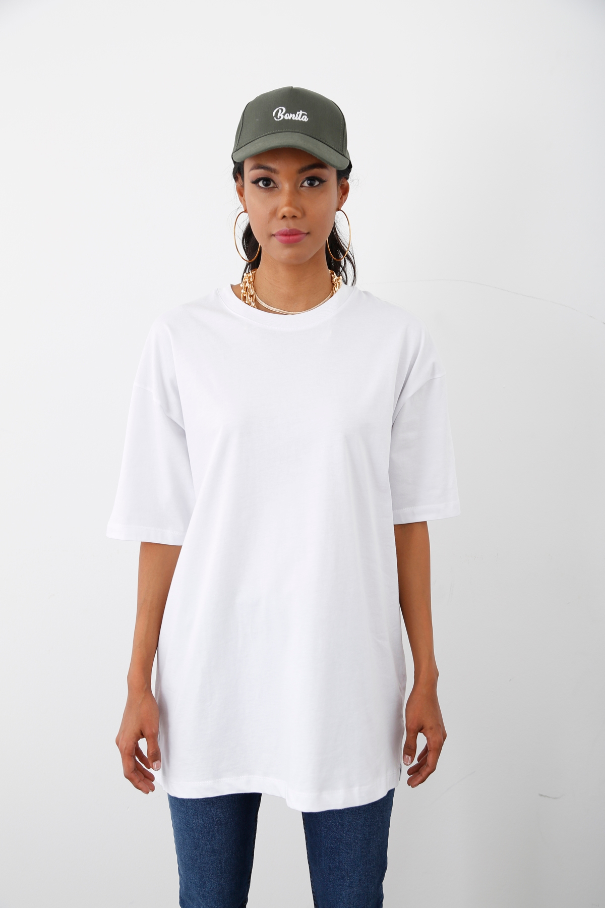 Beyaz Bisiklet Yaka Salaş Tshirt 80274