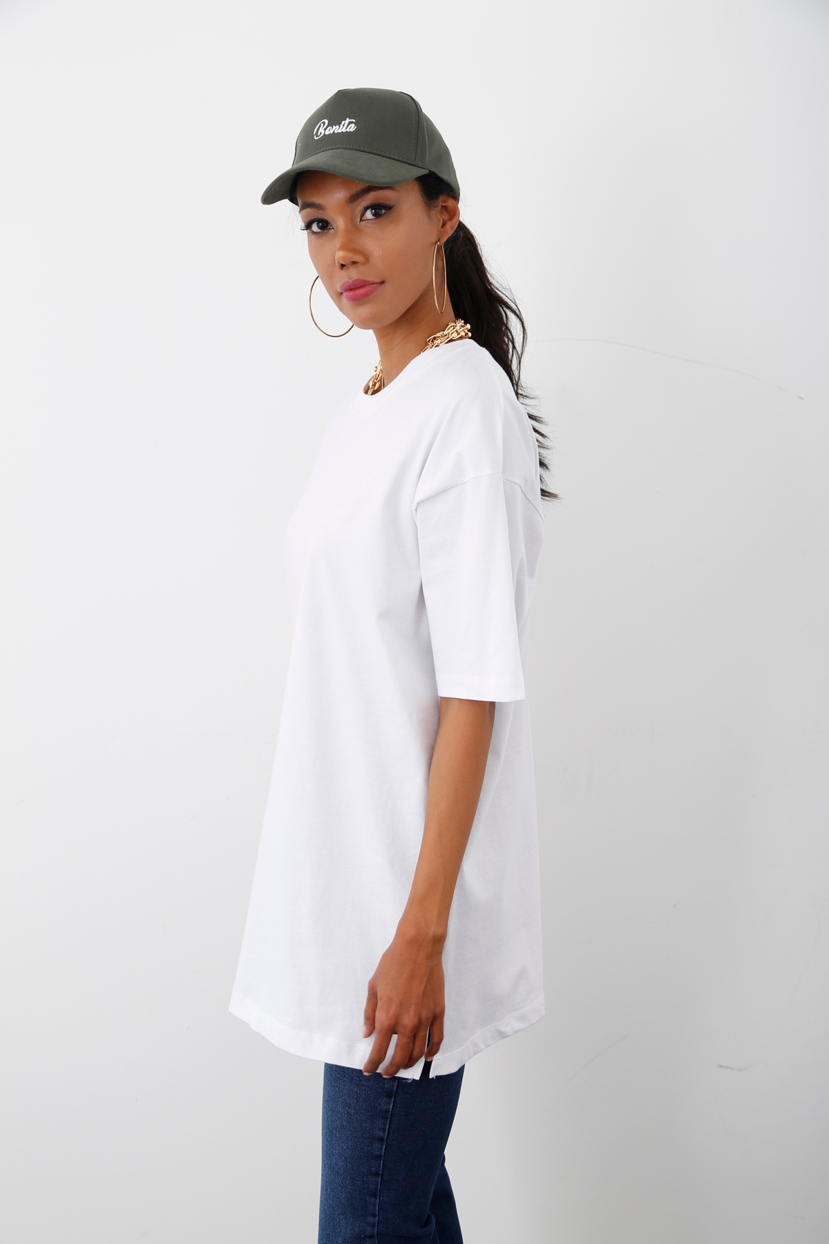 Beyaz Bisiklet Yaka Salaş Tshirt 80274