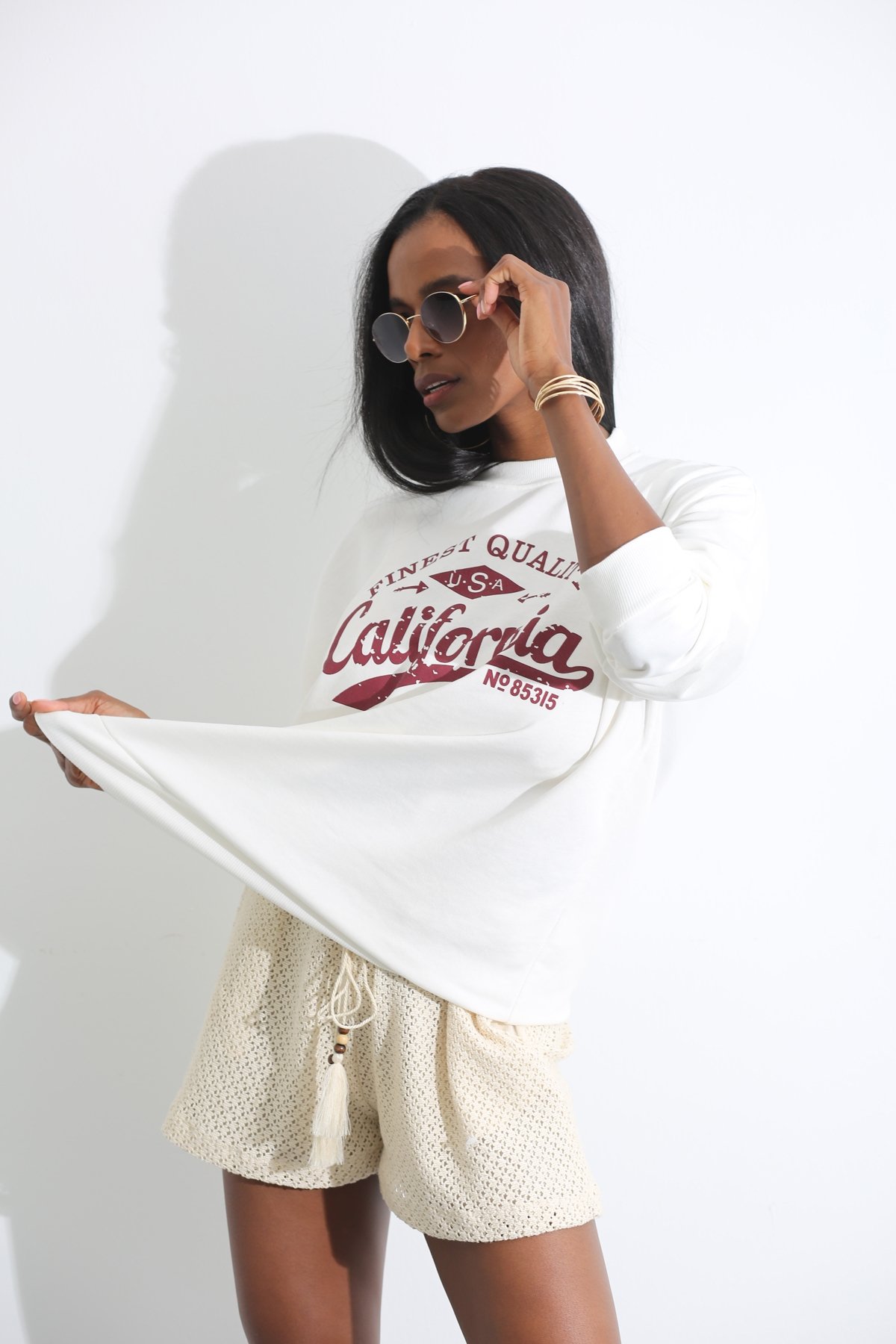 Beyaz California Baskılı Sweatshirt 3786
