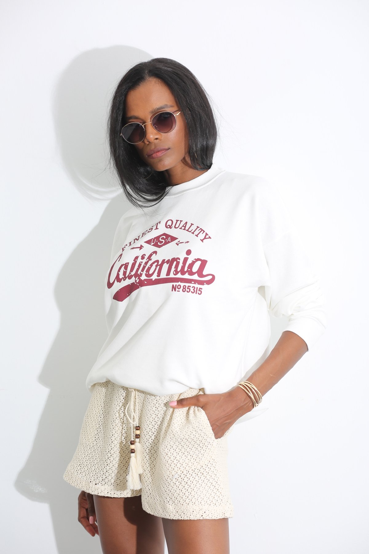 Beyaz California Baskılı Sweatshirt 3786
