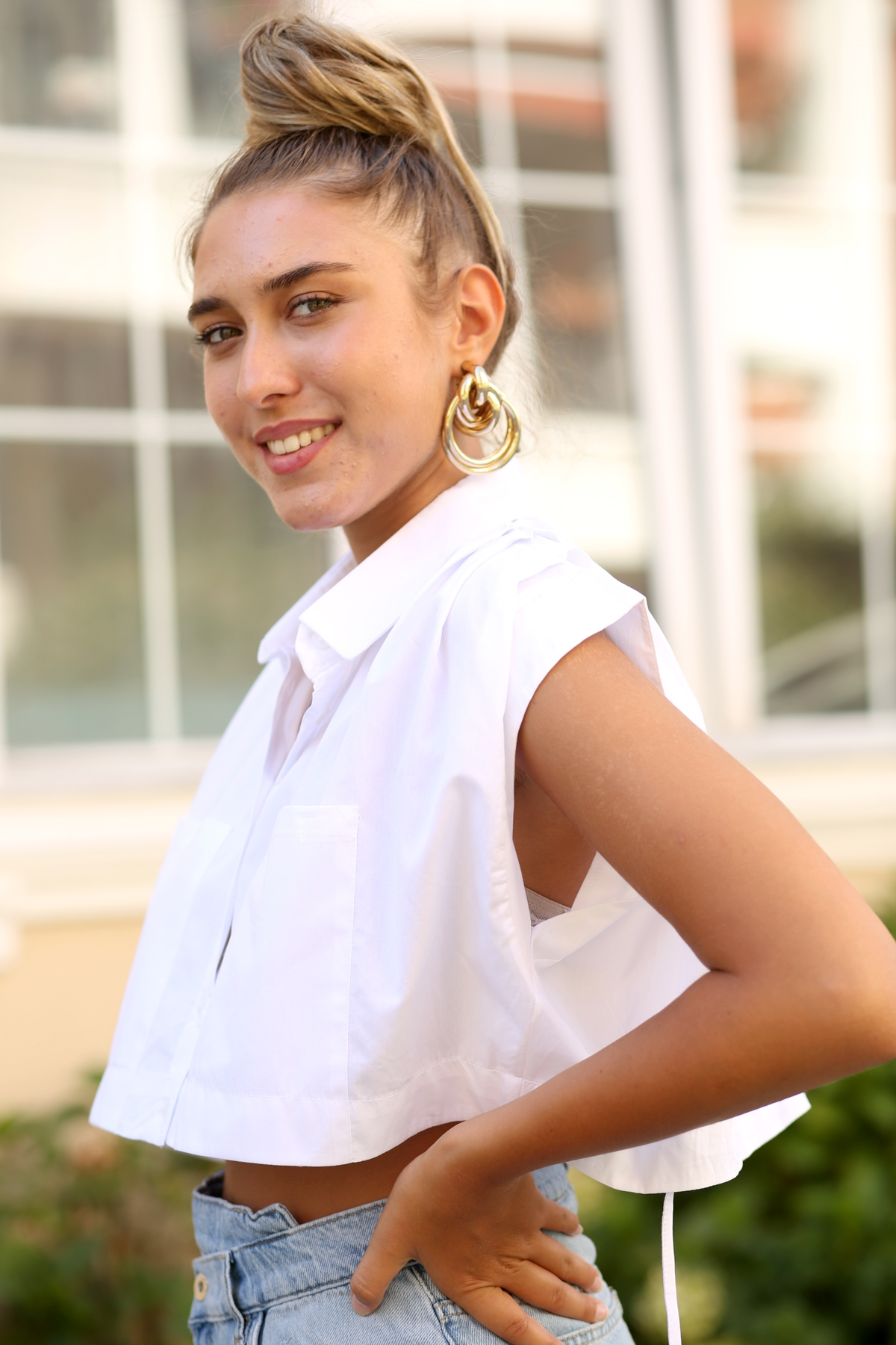 Beyaz Çift Cepli Crop Gömlek 