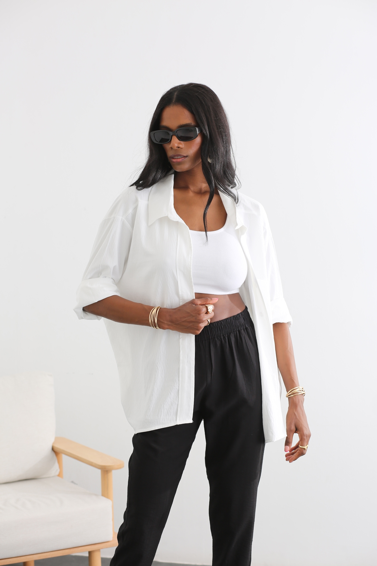 Beyaz Dökümlü Oversize Gömlek 11474