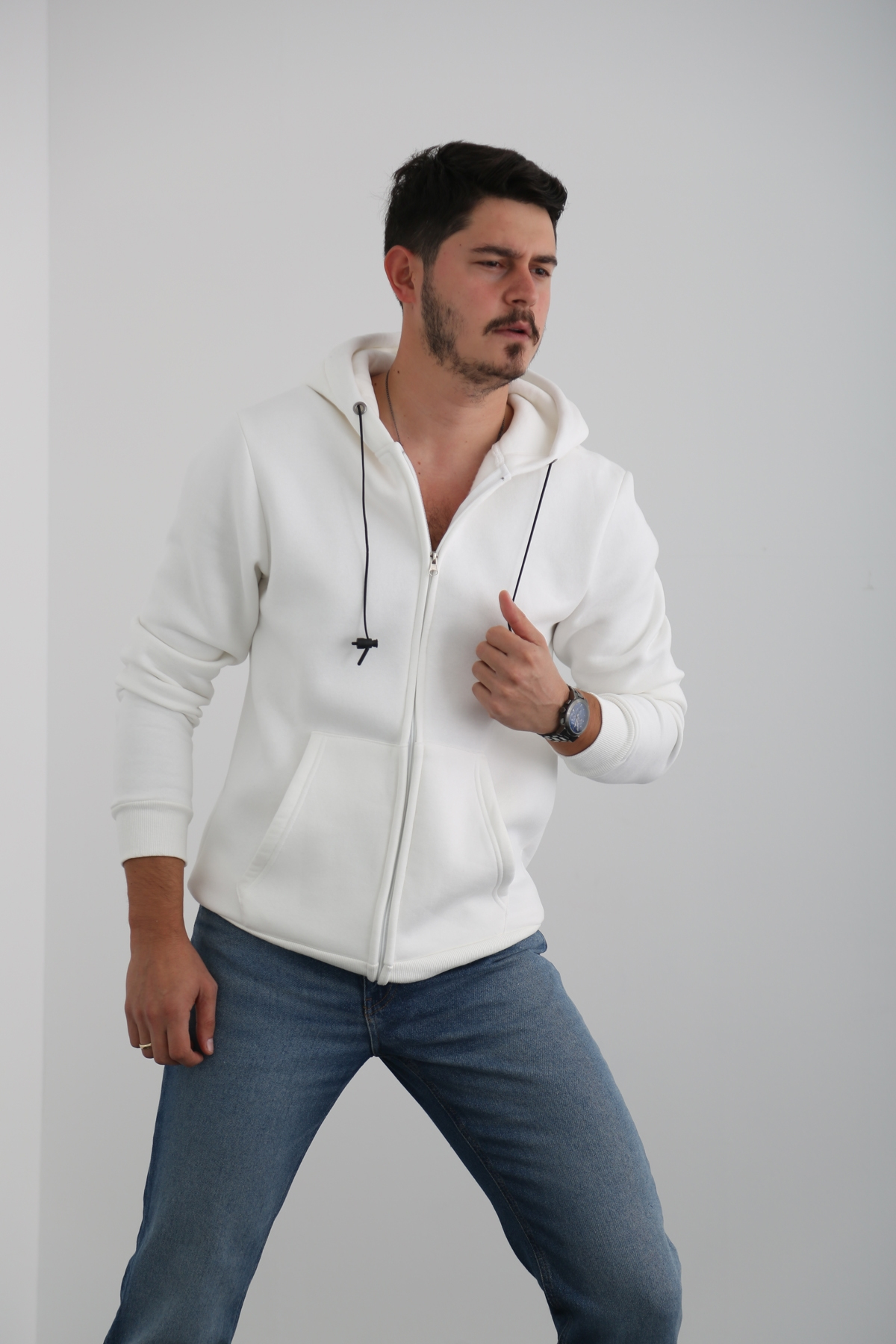 Beyaz Erkek Fermuarlı Sweatshirt K-232