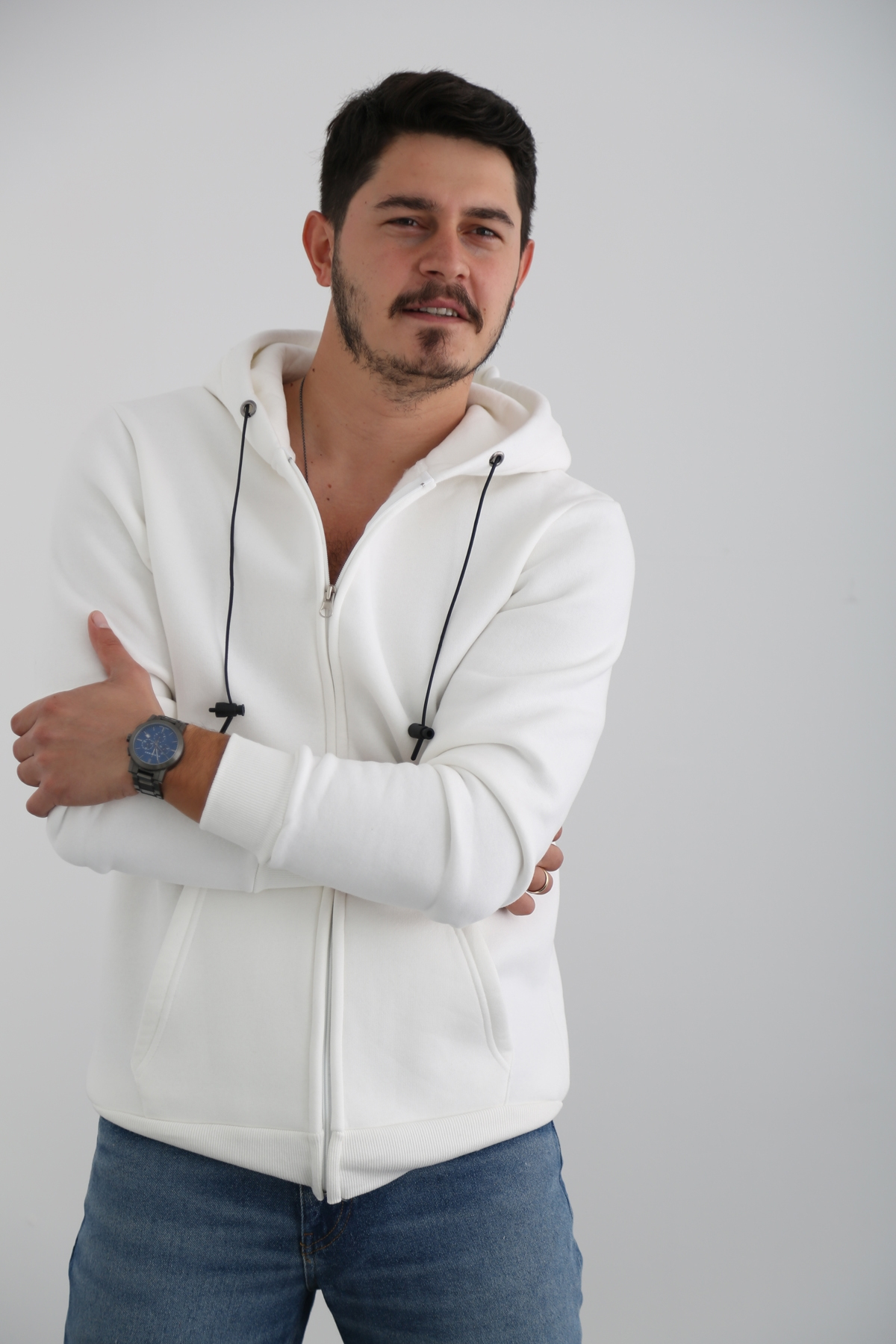 Beyaz Erkek Fermuarlı Sweatshirt K-232
