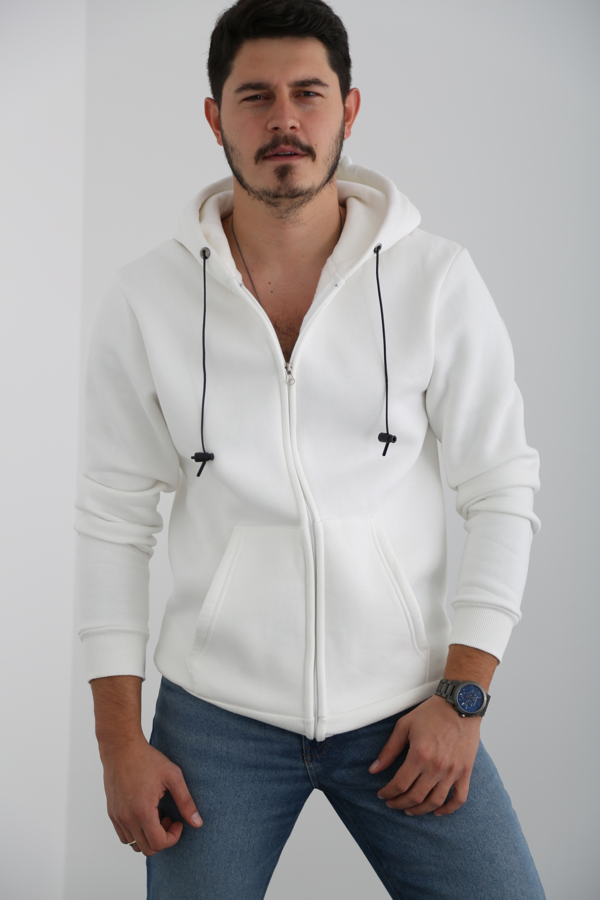 Beyaz Erkek Fermuarlı Sweatshirt K-232